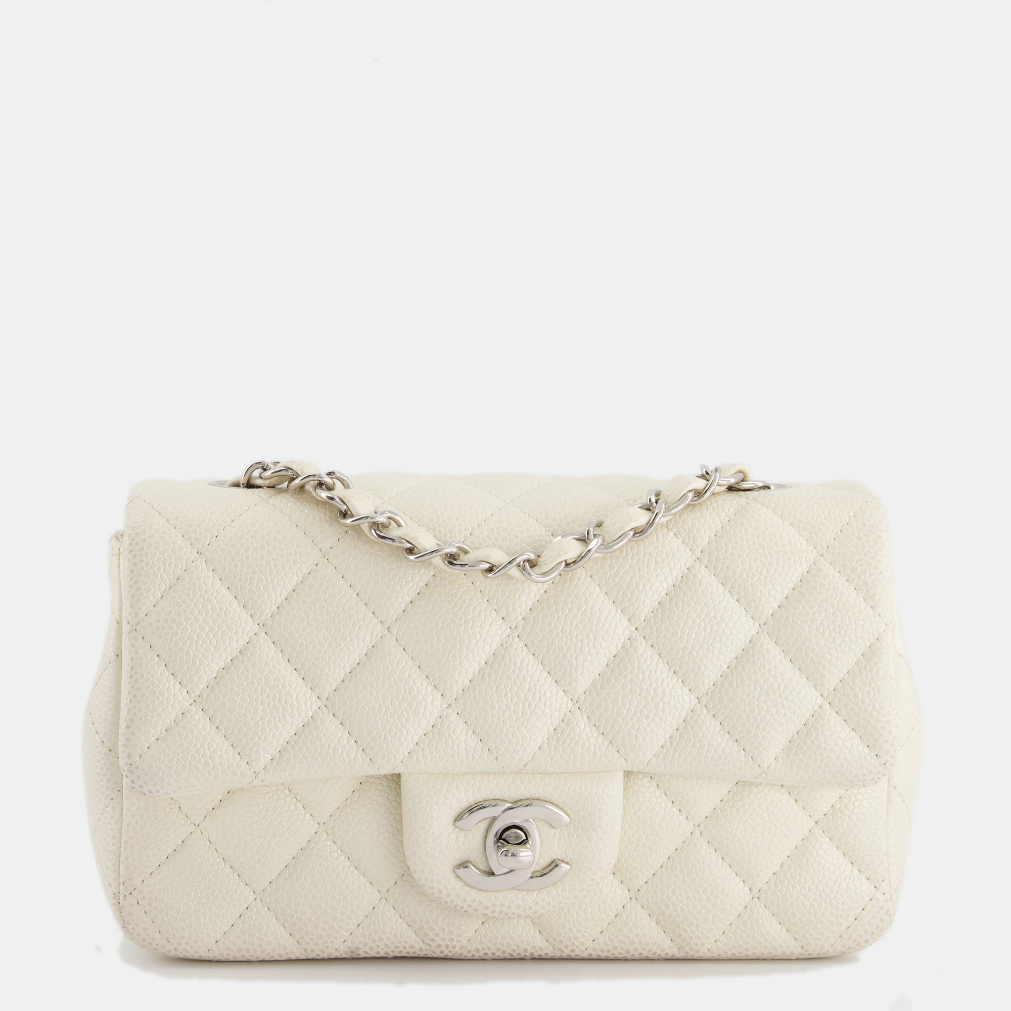 Chanel White Pearlescent Caviar Mini Rectangular Single Flap Bag With Silver Hardware