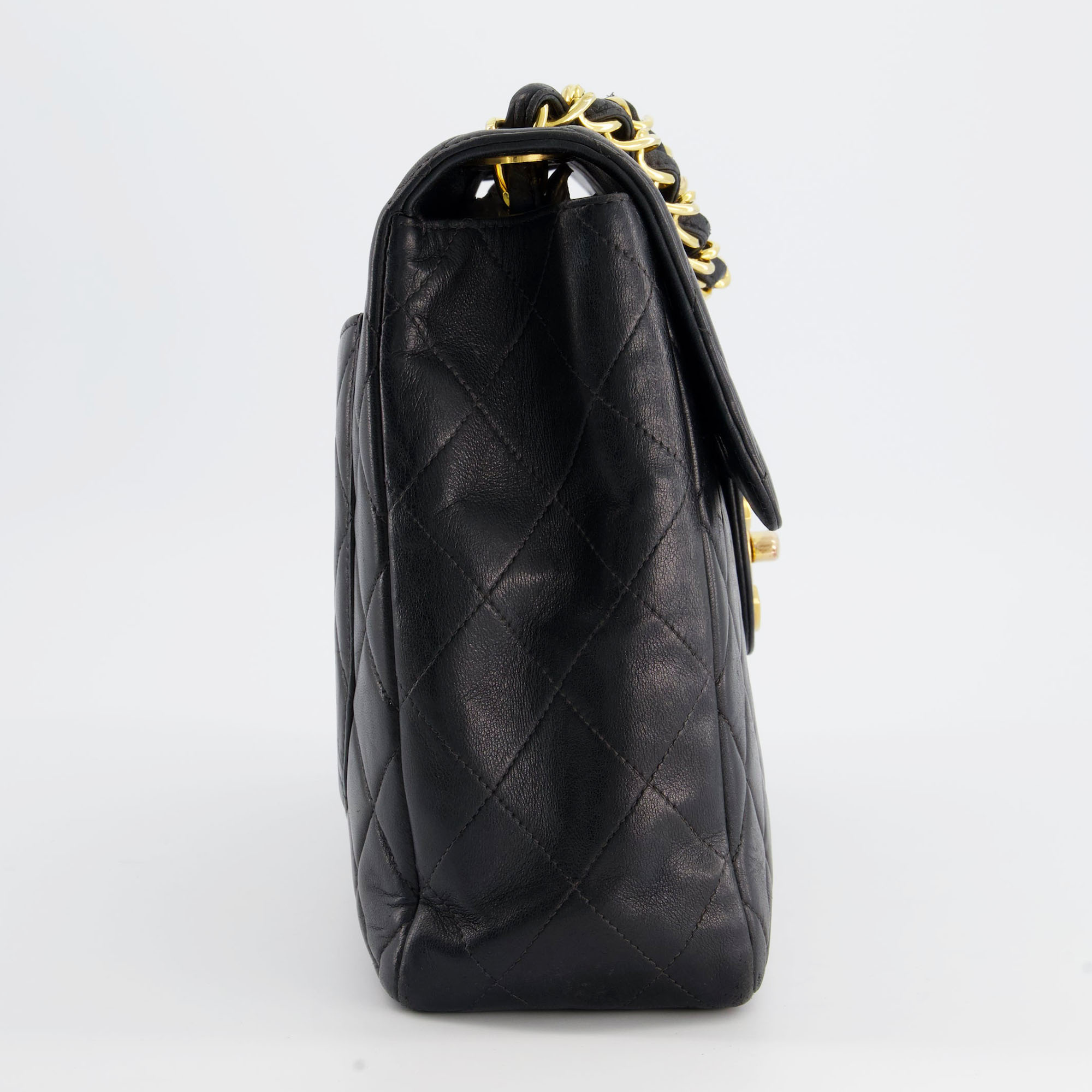 Chanel Black Vintage XL Flap Bag In Lambskin Leather With 24K Gold Hardware