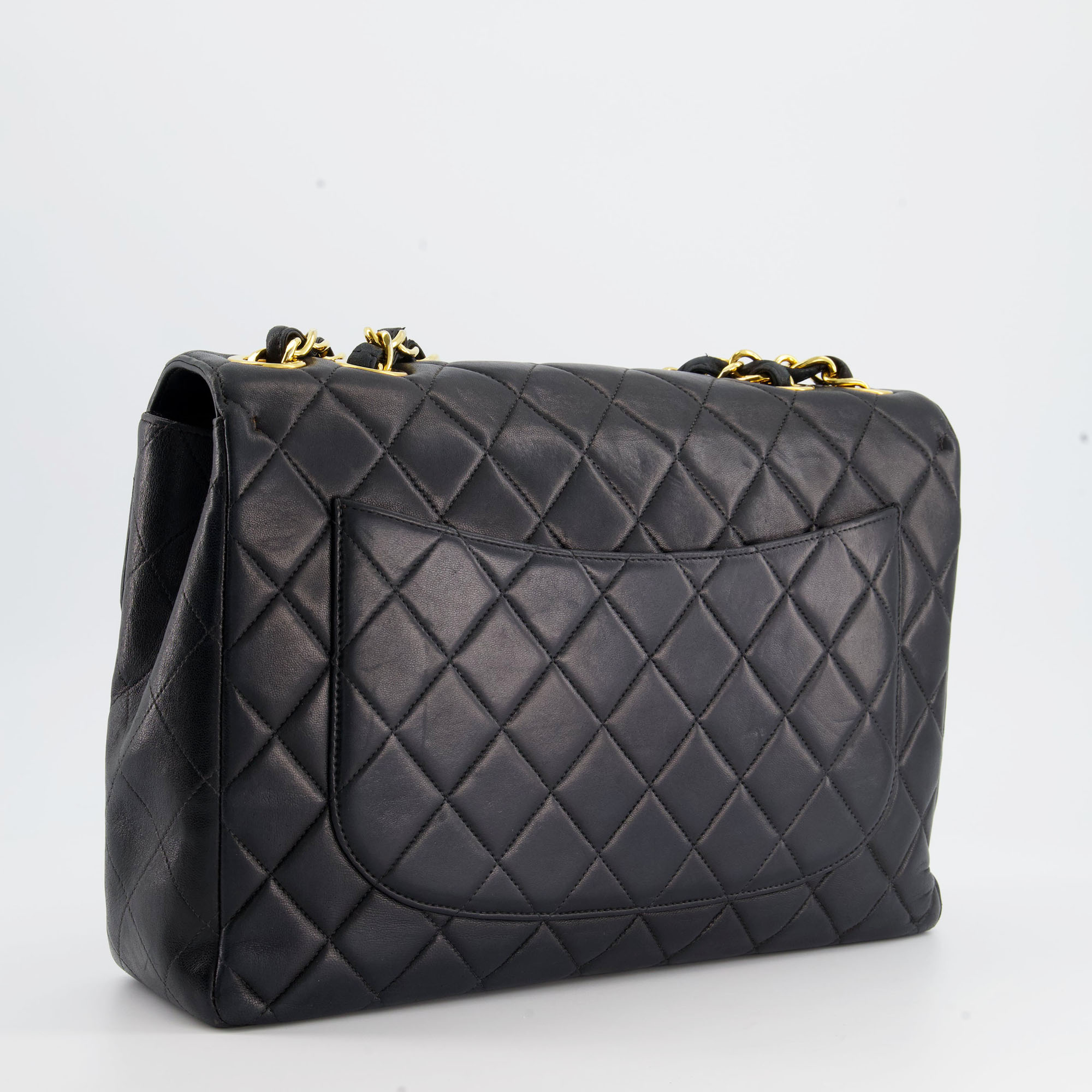Chanel Black Vintage XL Flap Bag In Lambskin Leather With 24K Gold Hardware