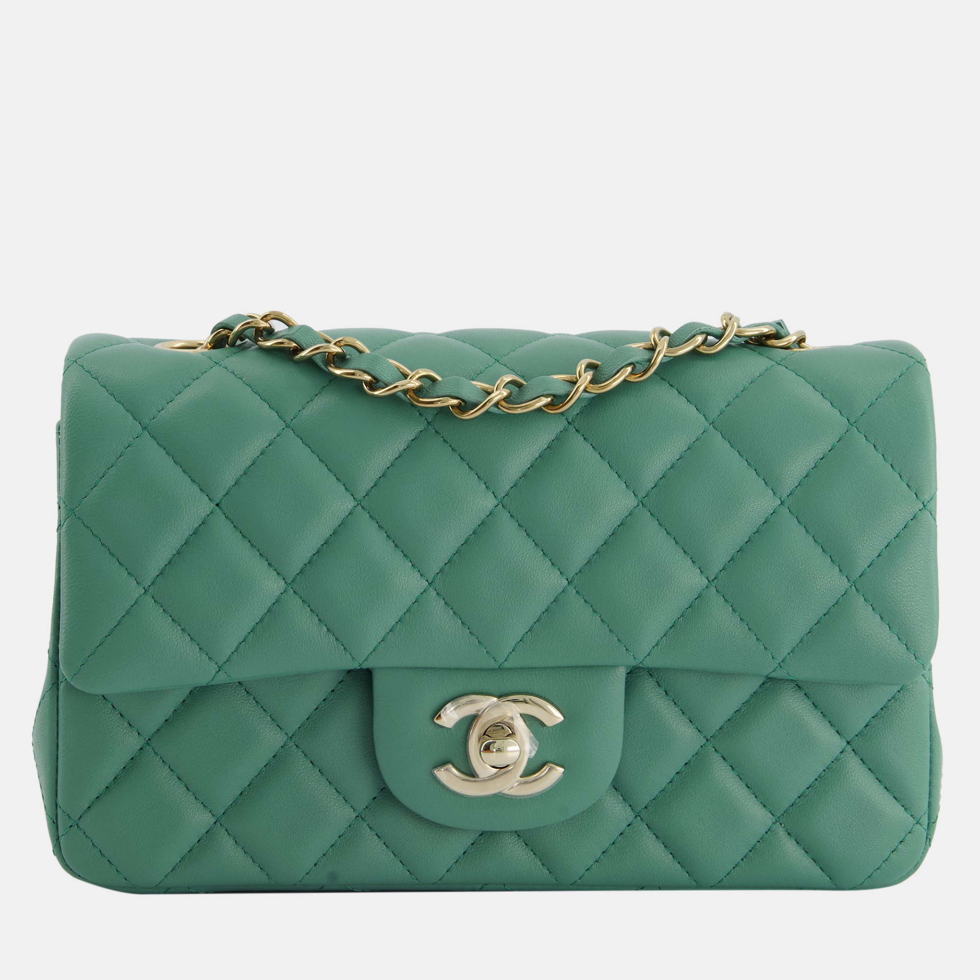 Chanel green mini rectangular bag in lambskin leather with  champagne gold hardware