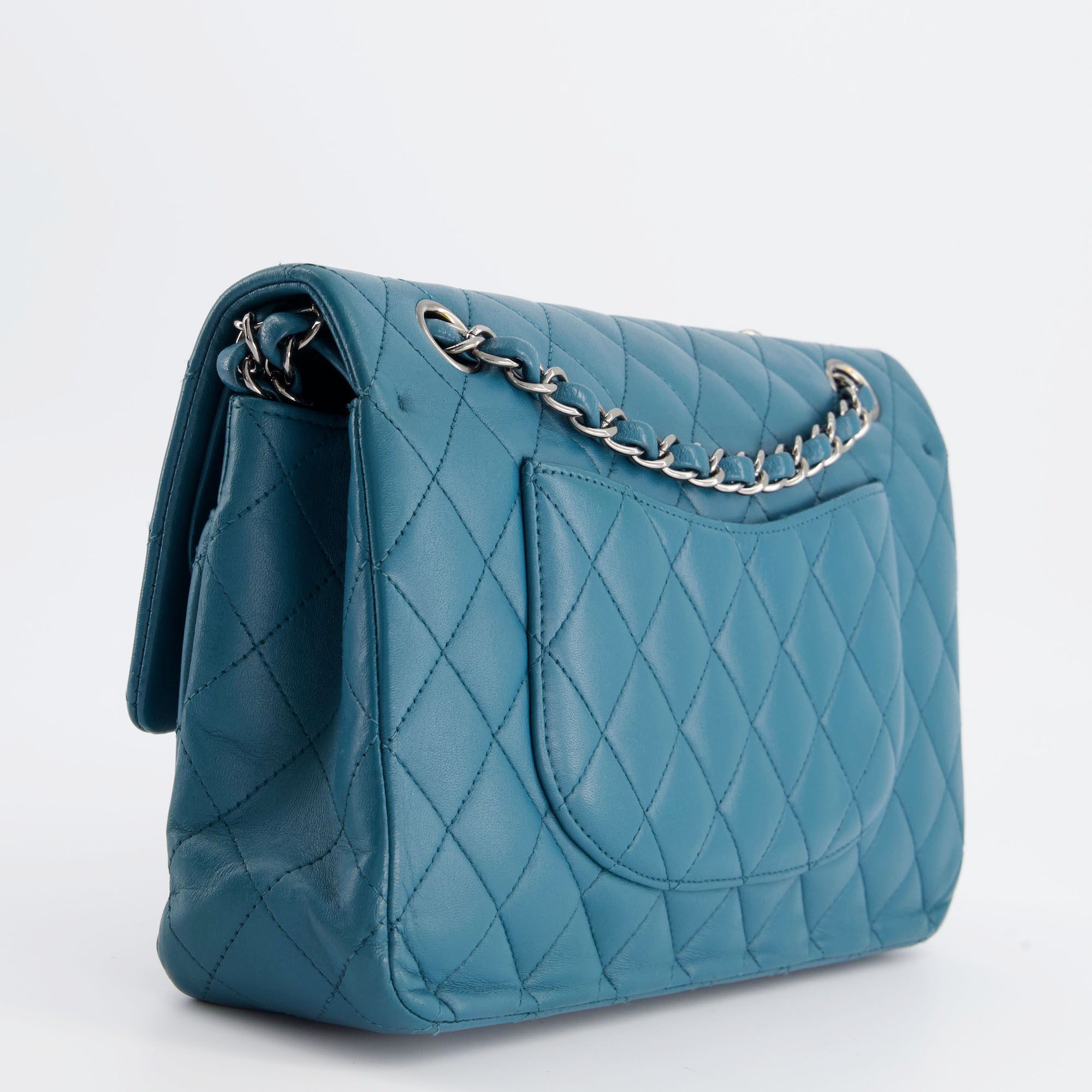 Chanel Medium Teal Classic Double Flap Bag In Lambskin With Ruthenium Hardware