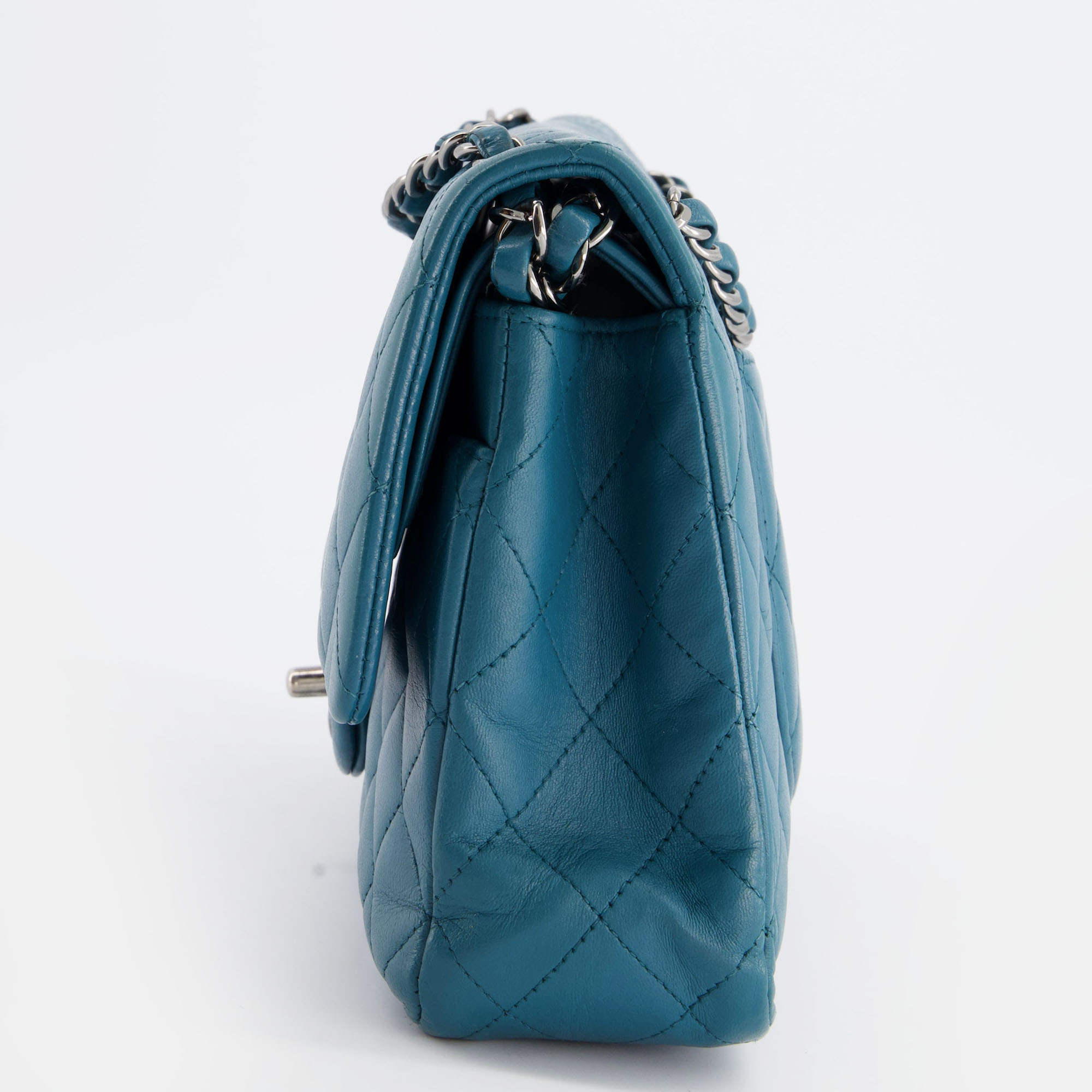 Chanel Medium Teal Classic Double Flap Bag In Lambskin With Ruthenium Hardware
