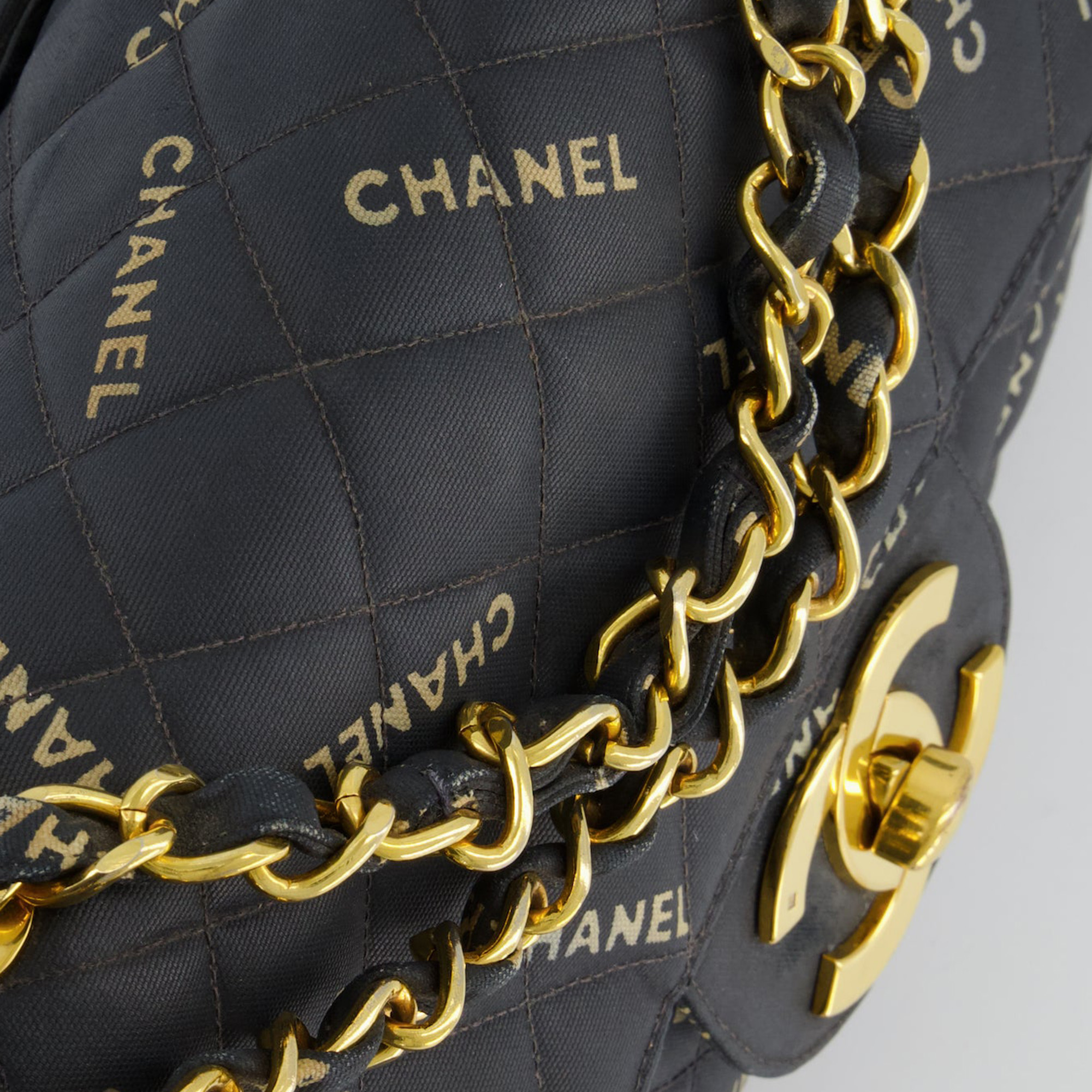 Chanel Black Vintage XL Single Flap Bag In Quilted Canvas Logo Print With 24K Gold Hardware