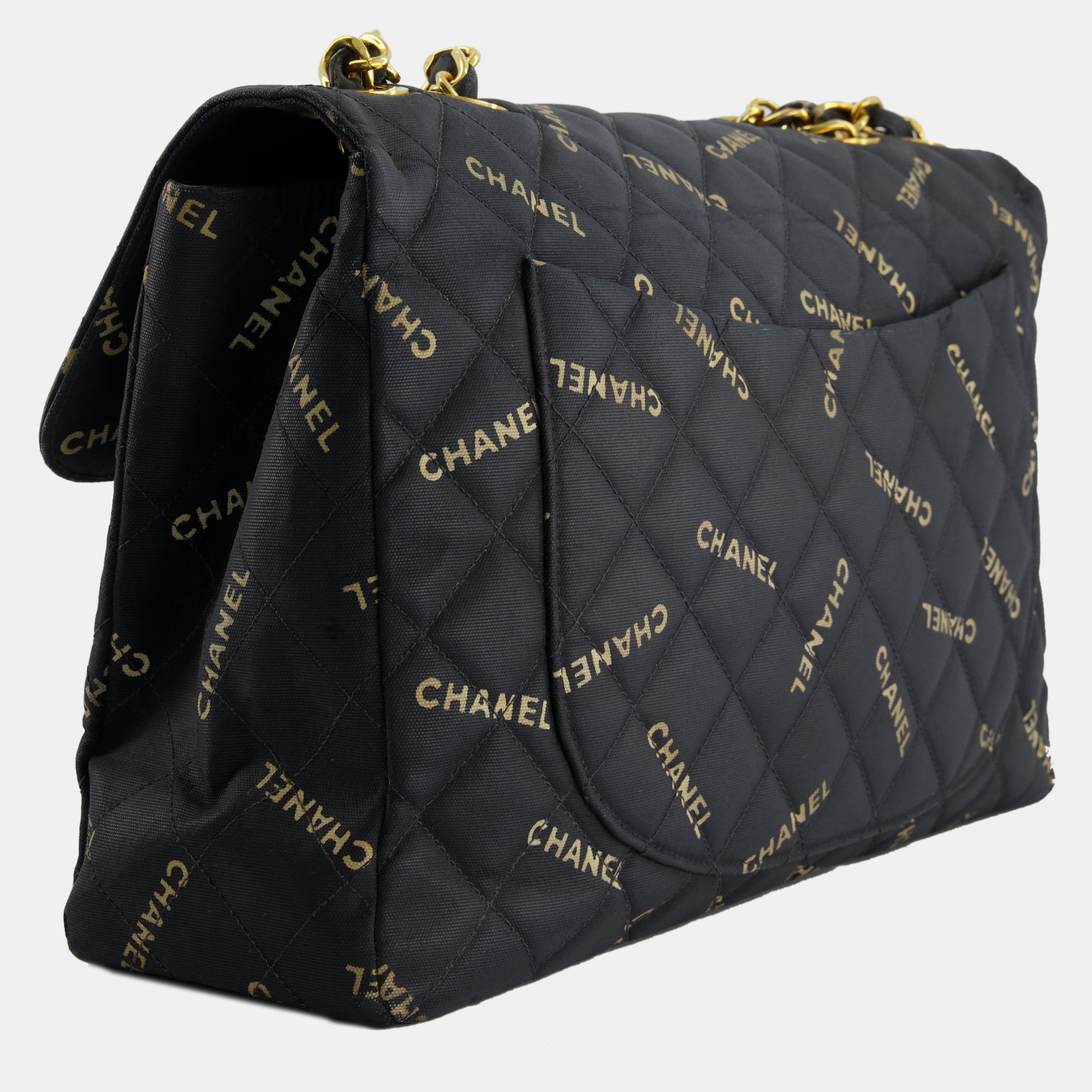 Chanel Black Vintage XL Single Flap Bag In Quilted Canvas Logo Print With 24K Gold Hardware