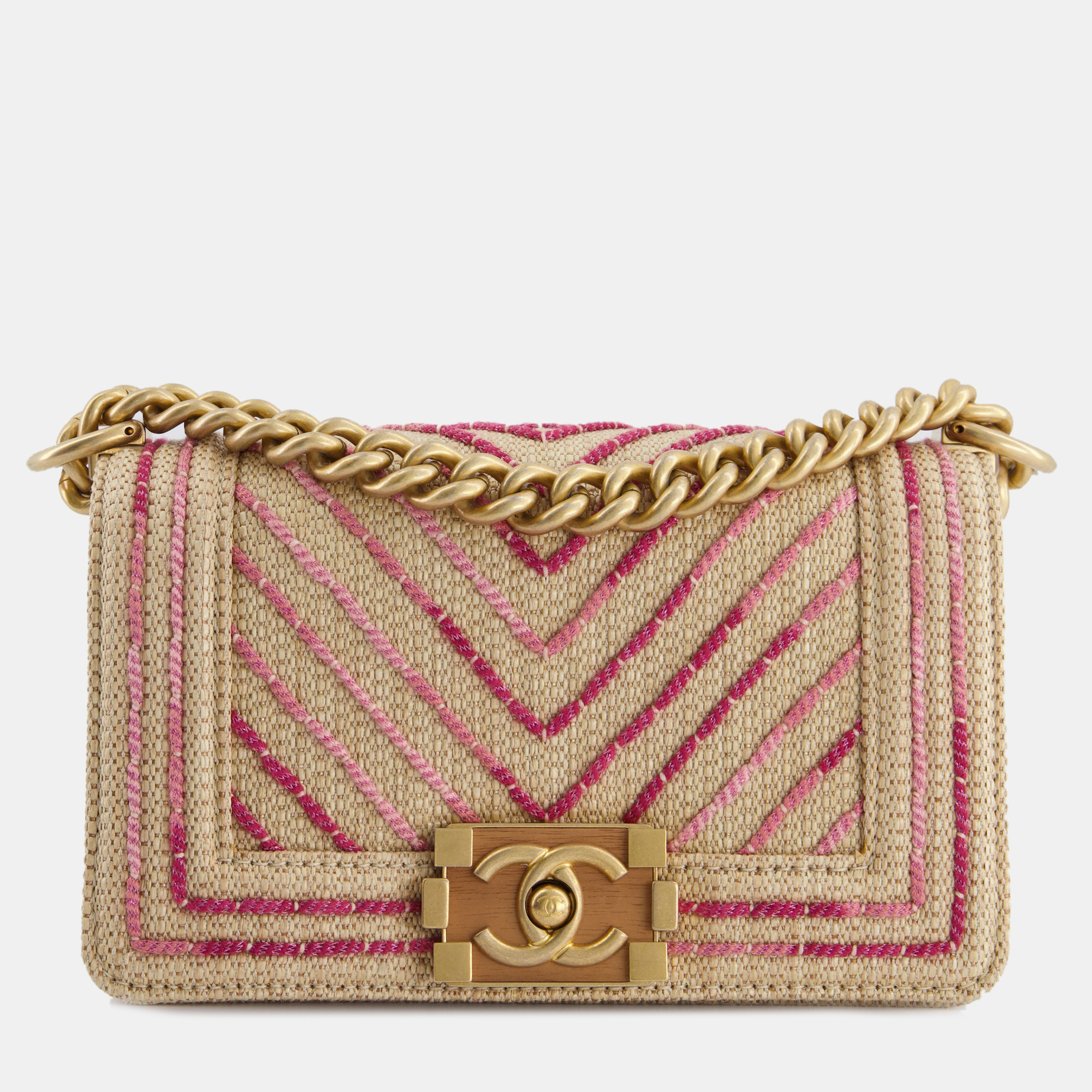 Chanel small raffia boy bag with metallic pink chevron stitch and brushed gold hardware