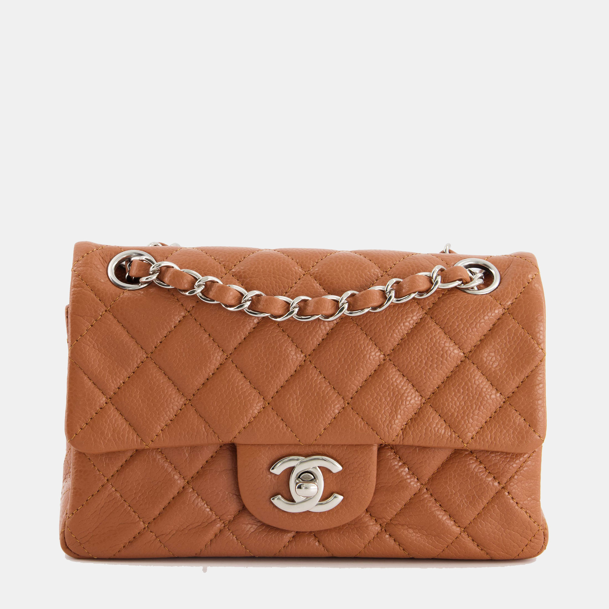 Chanel caramel mini rectangular bag in caviar leather with silver hardware