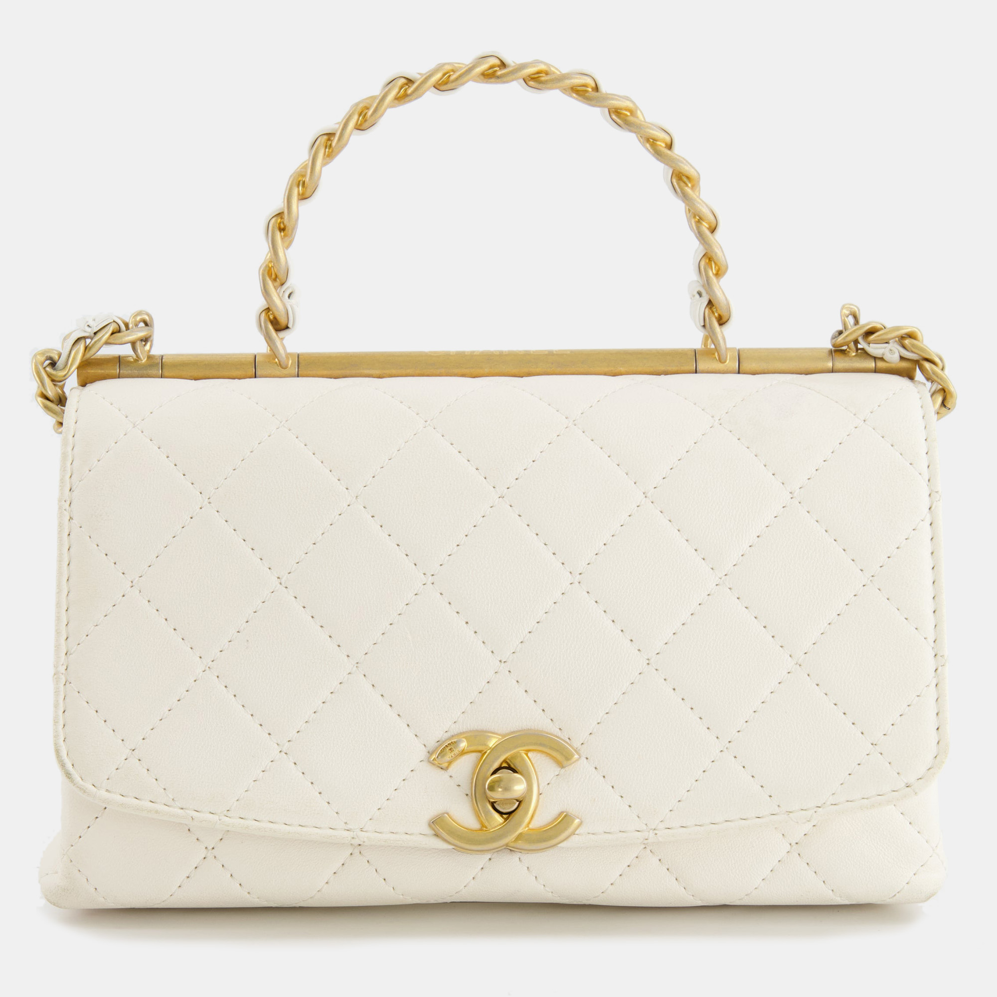 Chanel white lambskin leather small flap bag with brushed gold chain top handle