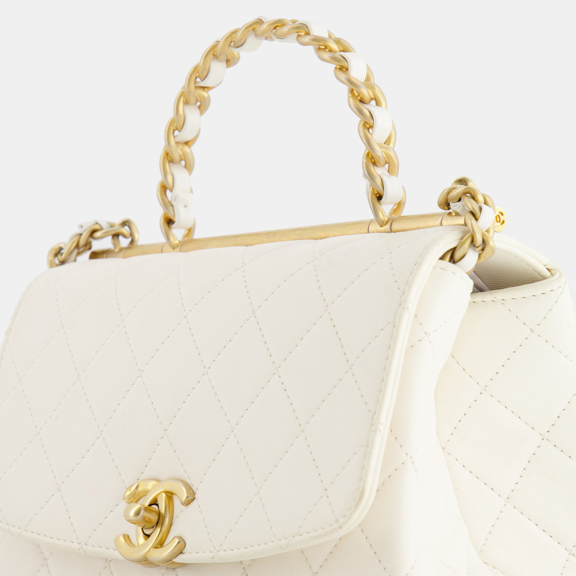 Chanel White Lambskin Leather Small Flap Bag With Brushed Gold Chain Top Handle