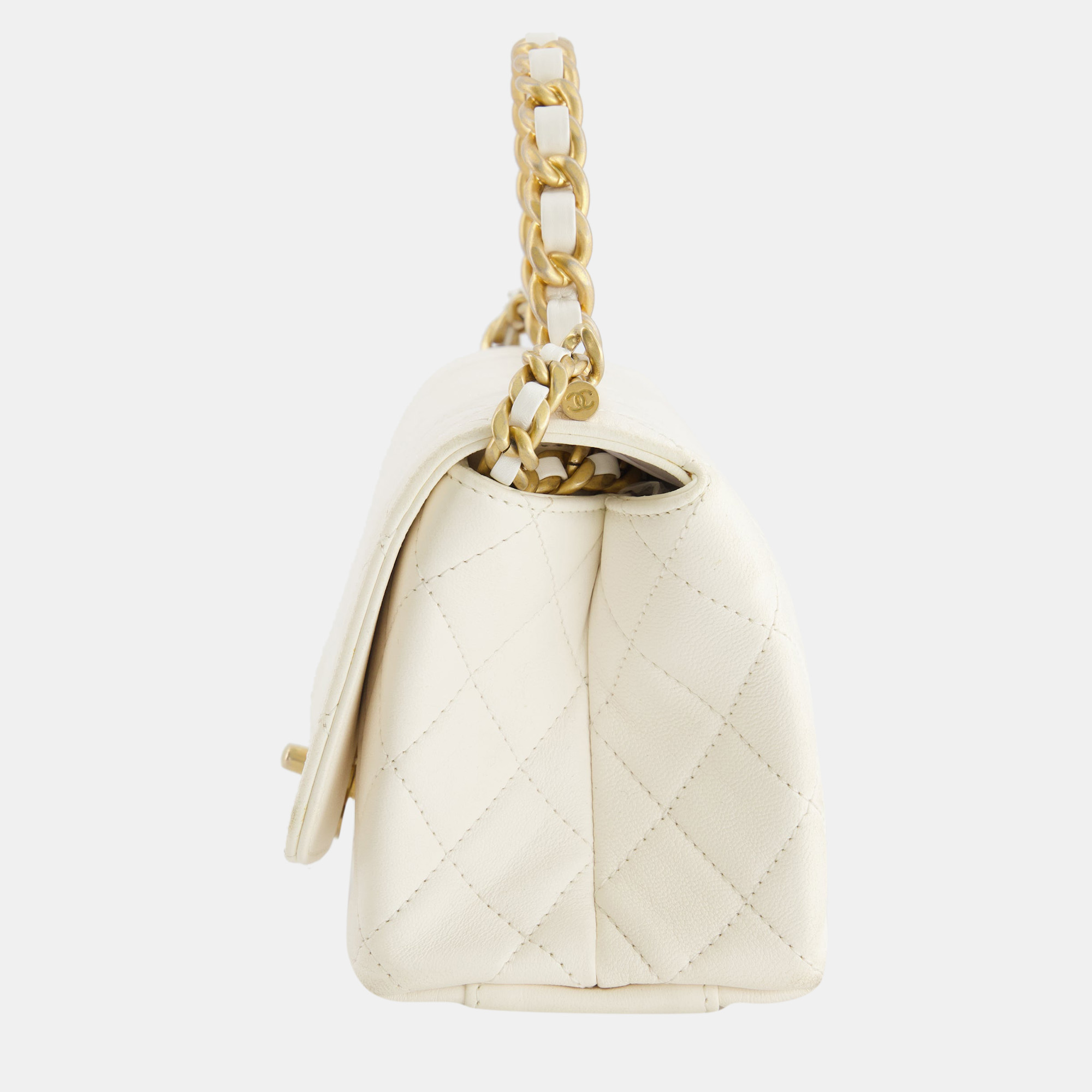 Chanel White Lambskin Leather Small Flap Bag With Brushed Gold Chain Top Handle