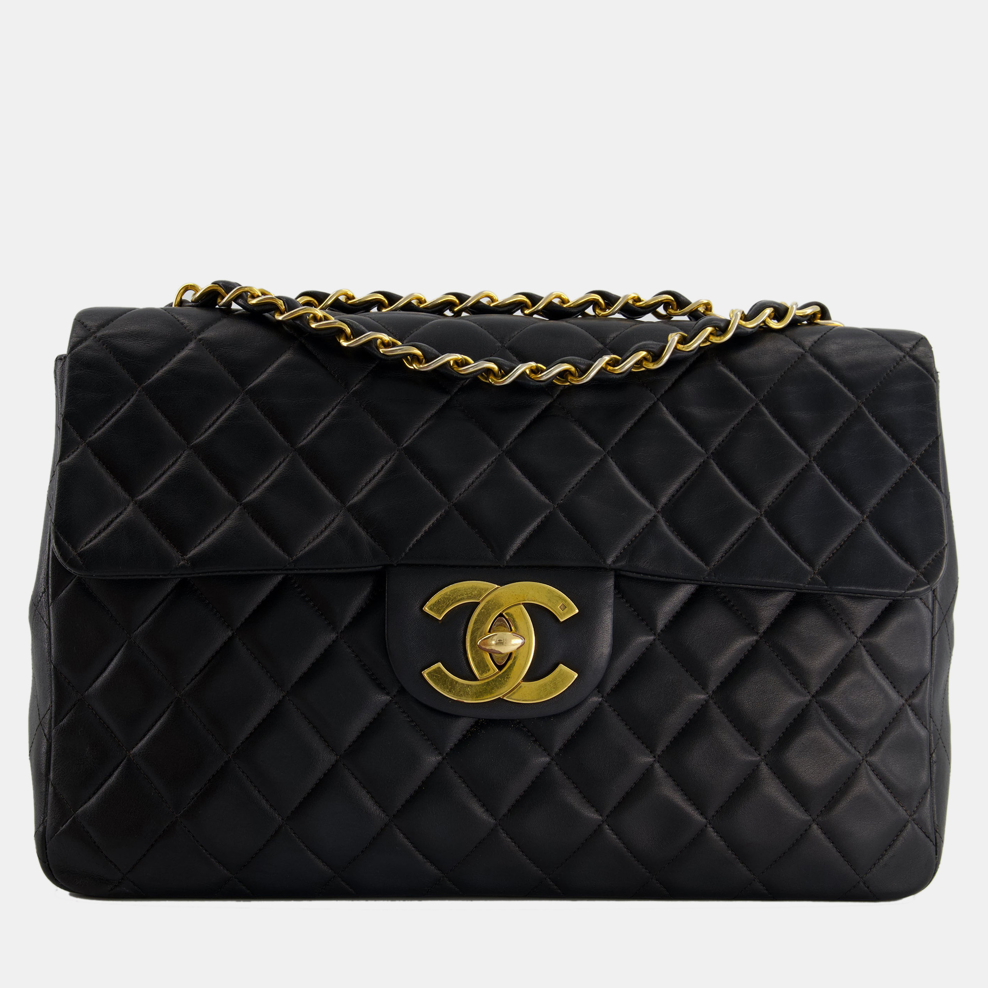 Chanel Navy Vintage Maxi Mademoiselle Single Flap Bag In Lambskin With 24K Gold Hardware