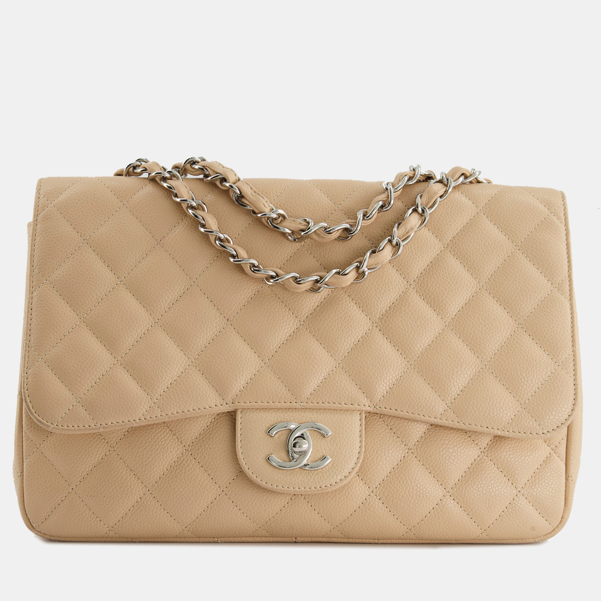 Chanel beige classic jumbo stitched edge single flap bag in caviar leather with silver hardware