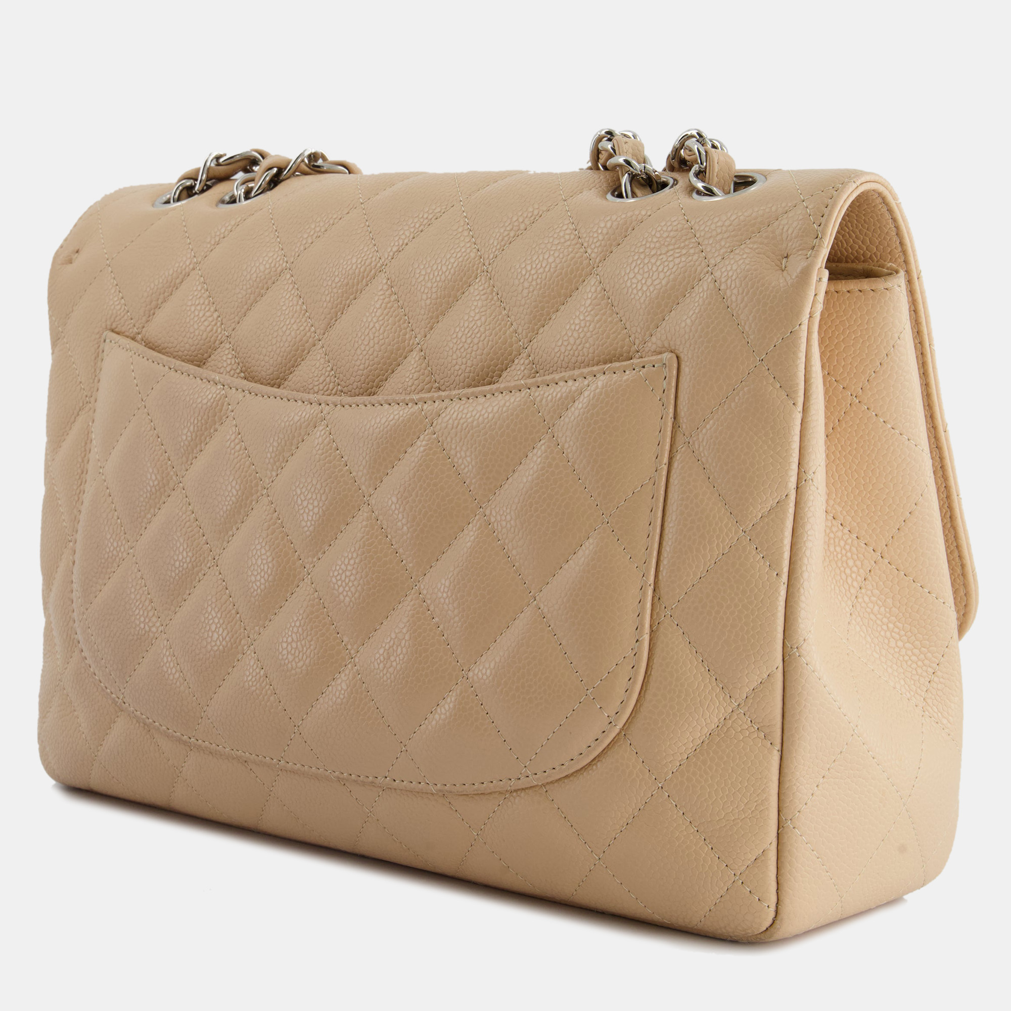 Chanel Beige Classic Jumbo Stitched Edge Single Flap Bag In Caviar Leather With Silver Hardware
