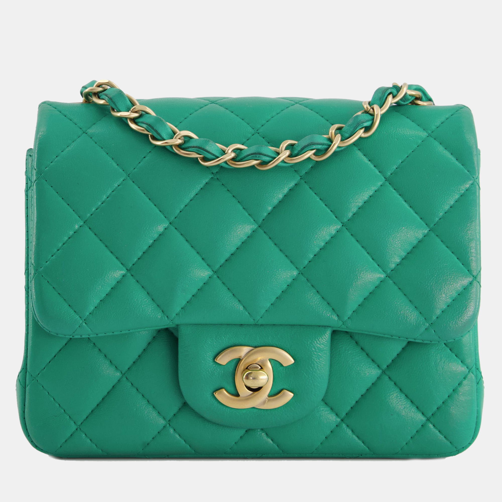 Chanel Emerald Green Mini Square Bag In Lambskin Leather With Brushed Gold Hardware