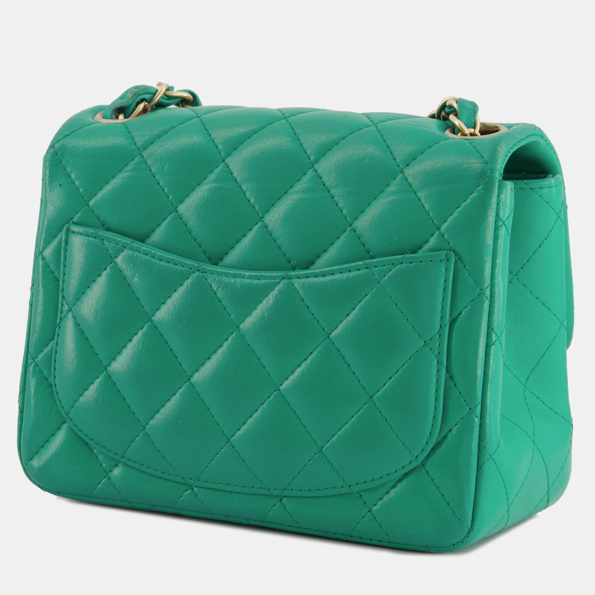 Chanel Emerald Green Mini Square Bag In Lambskin Leather With Brushed Gold Hardware