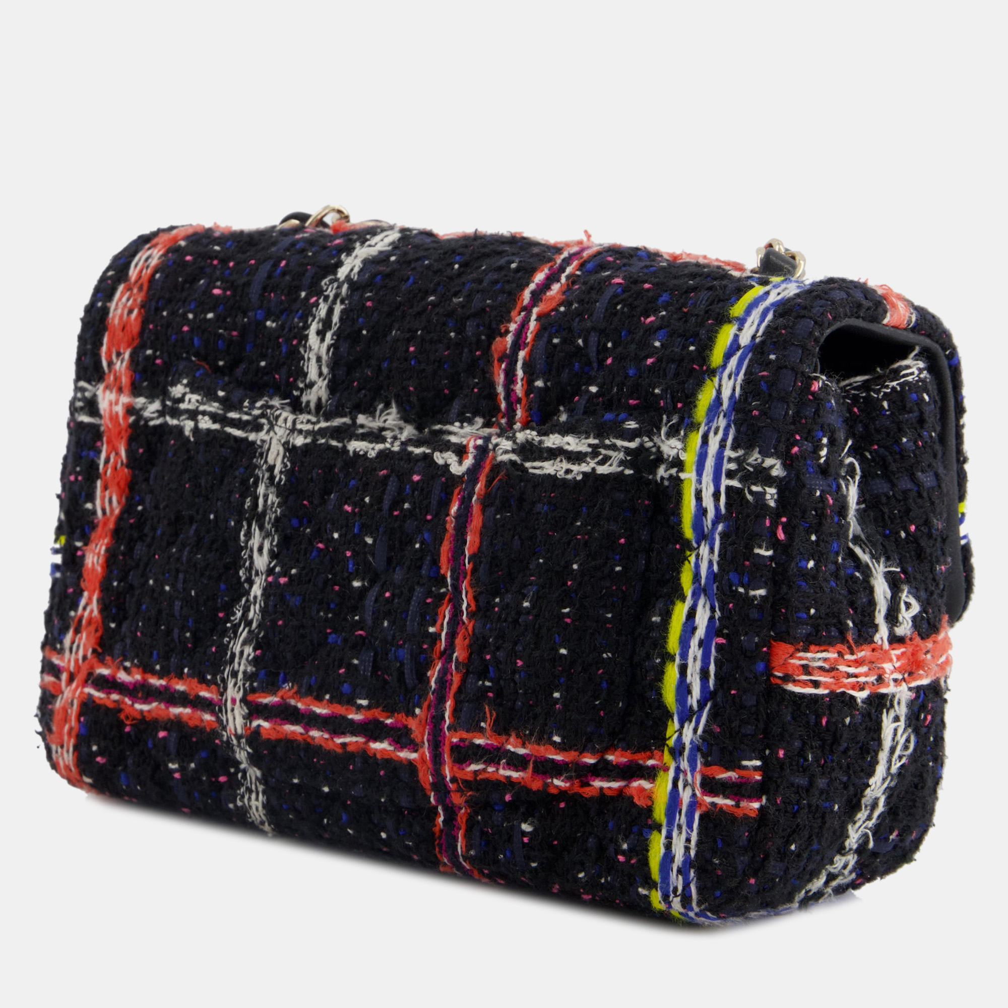Chanel Black, Navy, Yellow And Blue Multi-Colour Check Tweed Mini Rectangular Bag With Champagne Gold Hardware