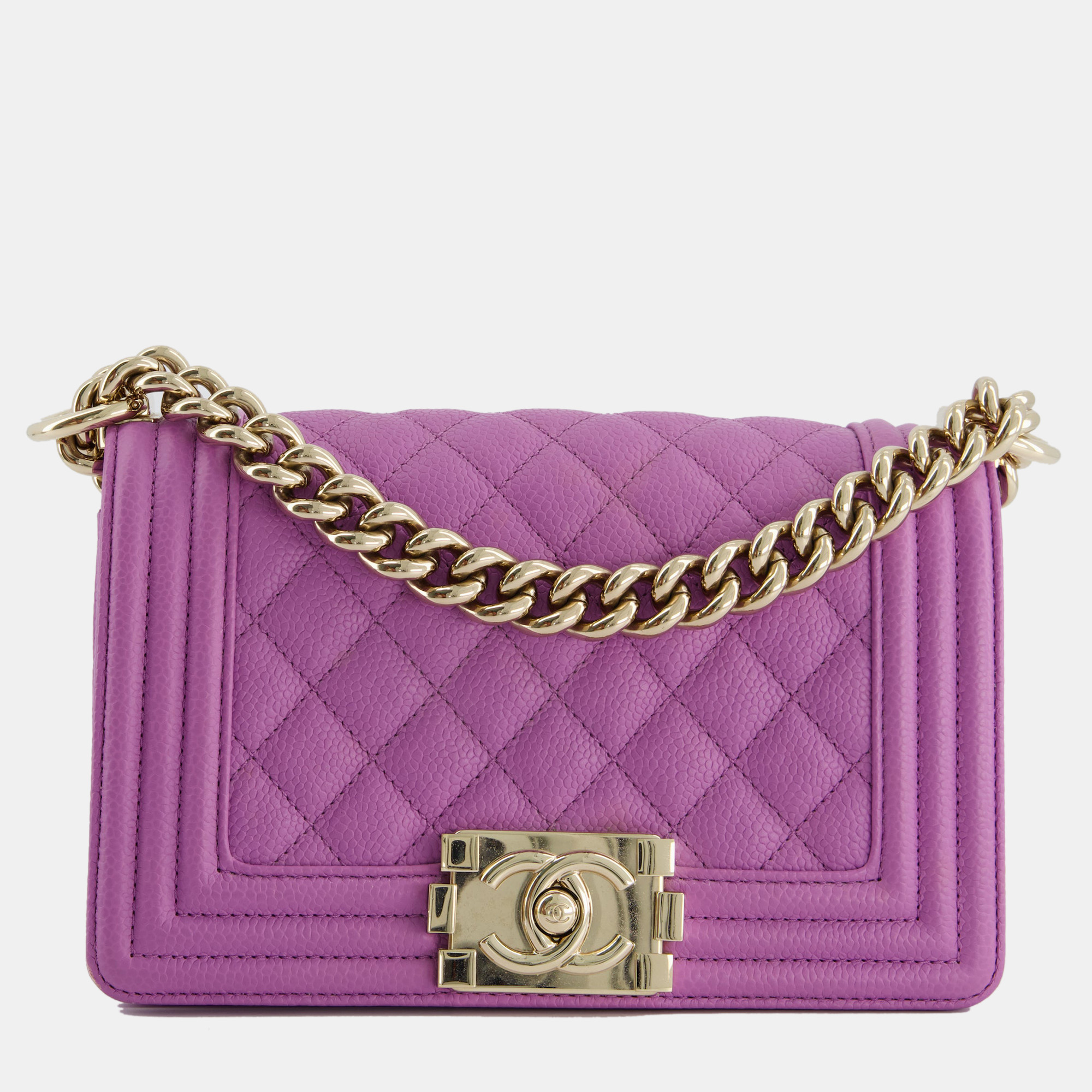 Chanel purple small boy bag in lambskin leather with champagne gold hardware