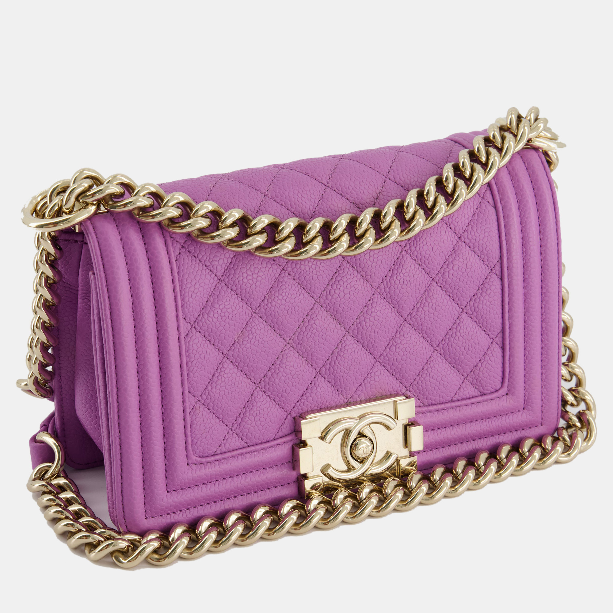 Chanel Purple Small Boy Bag In Lambskin Leather With Champagne Gold Hardware