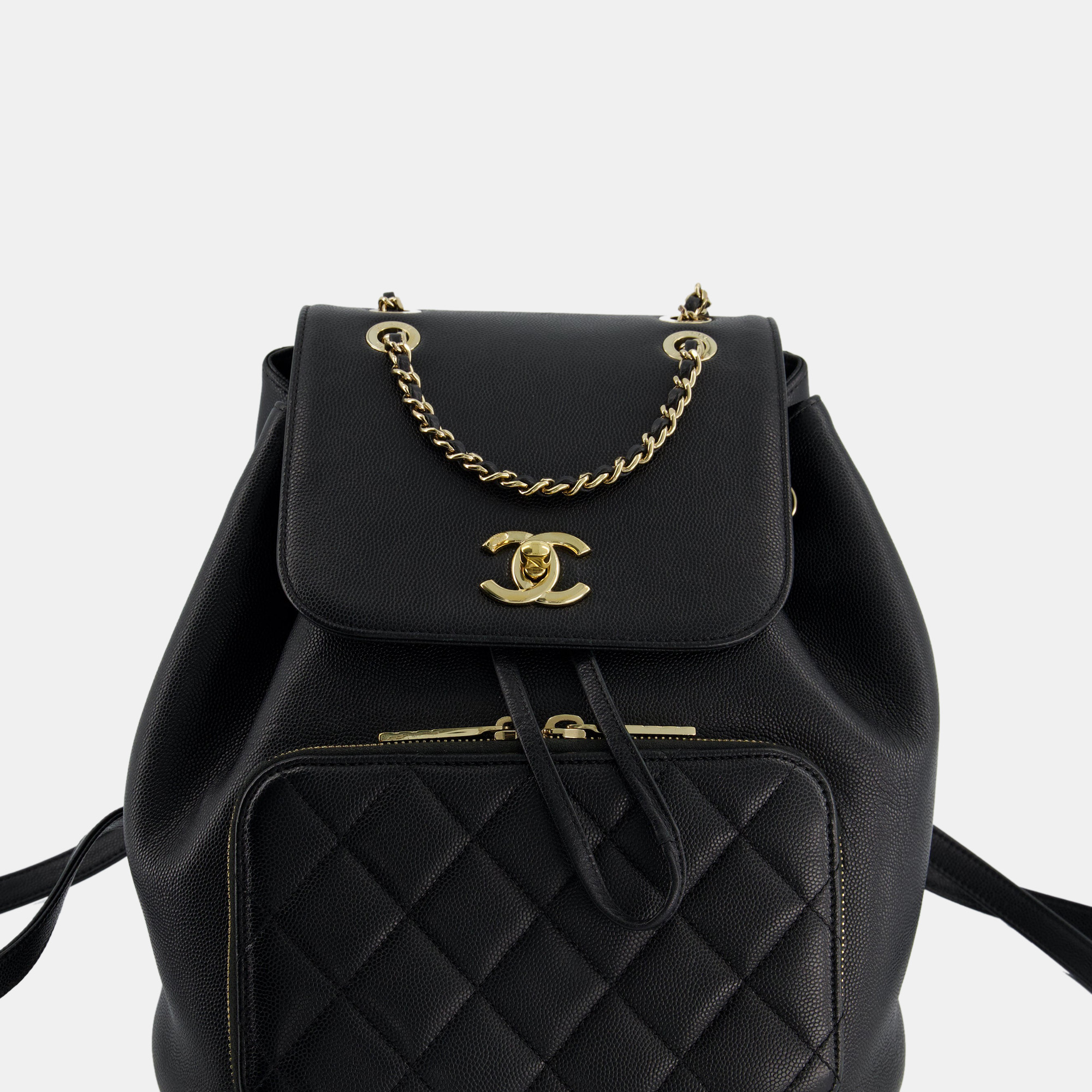 Chanel CC Black Caviar Leather Backpack Bag With Champagne Gold Hardware