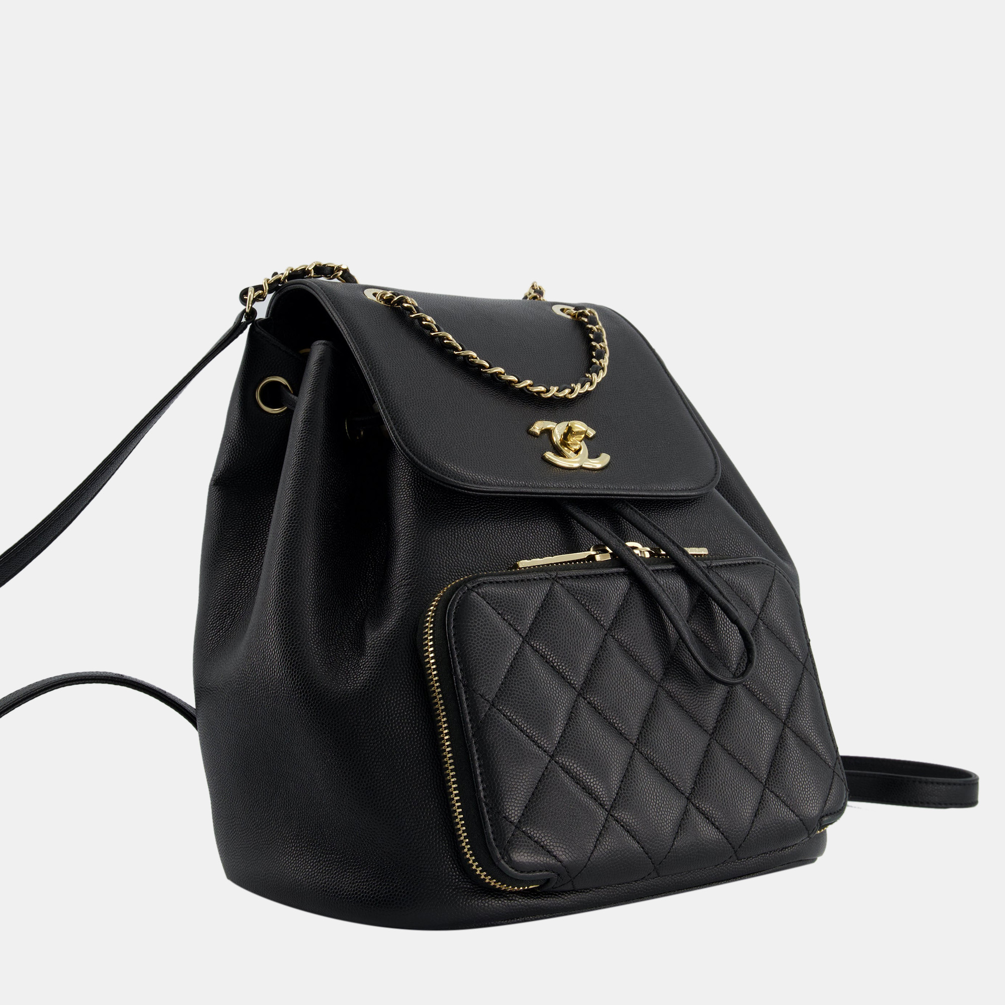 Chanel CC Black Caviar Leather Backpack Bag With Champagne Gold Hardware