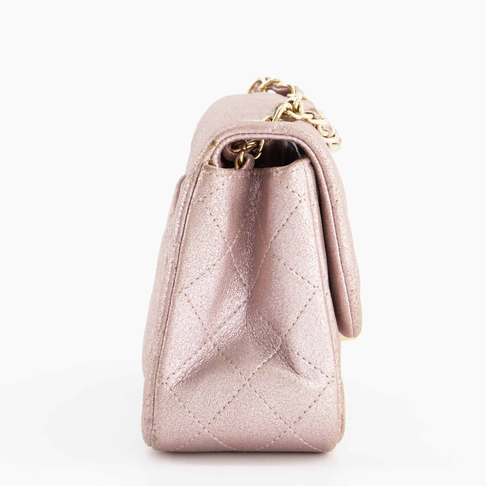Chanel Metallic Rose Gold Mini Square Flap Bag In Coated Calfskin With Champagne Gold Hardware