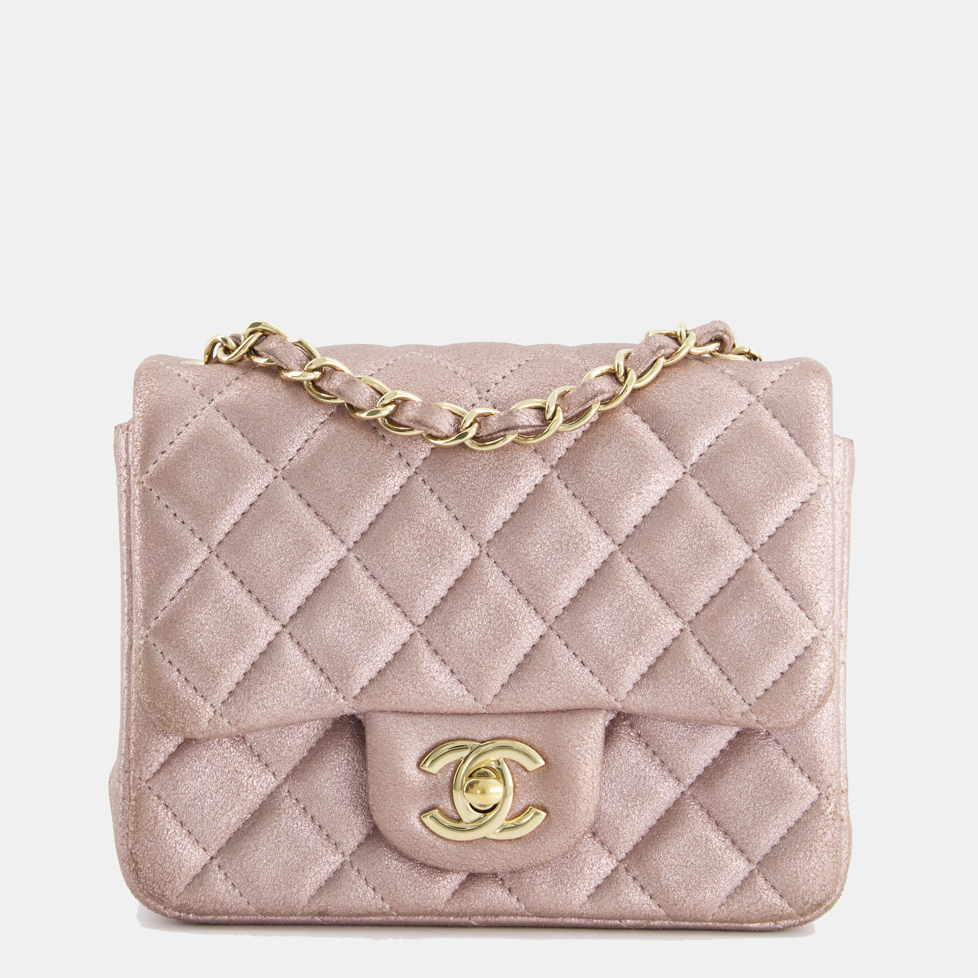 Chanel Metallic Rose Gold Mini Square Flap Bag In Coated Calfskin With Champagne Gold Hardware