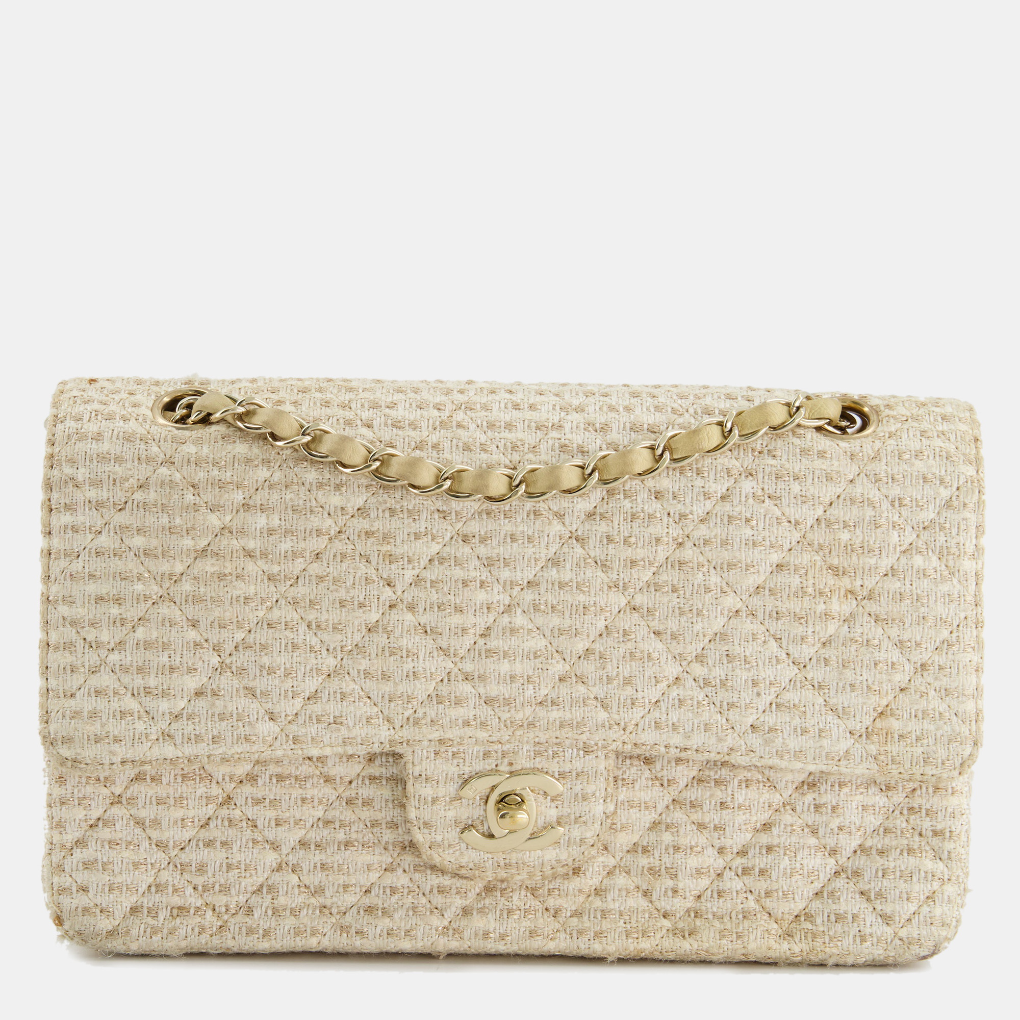 Chanel medium classic double flap bag in beige and gold tweed with champagne gold hardware