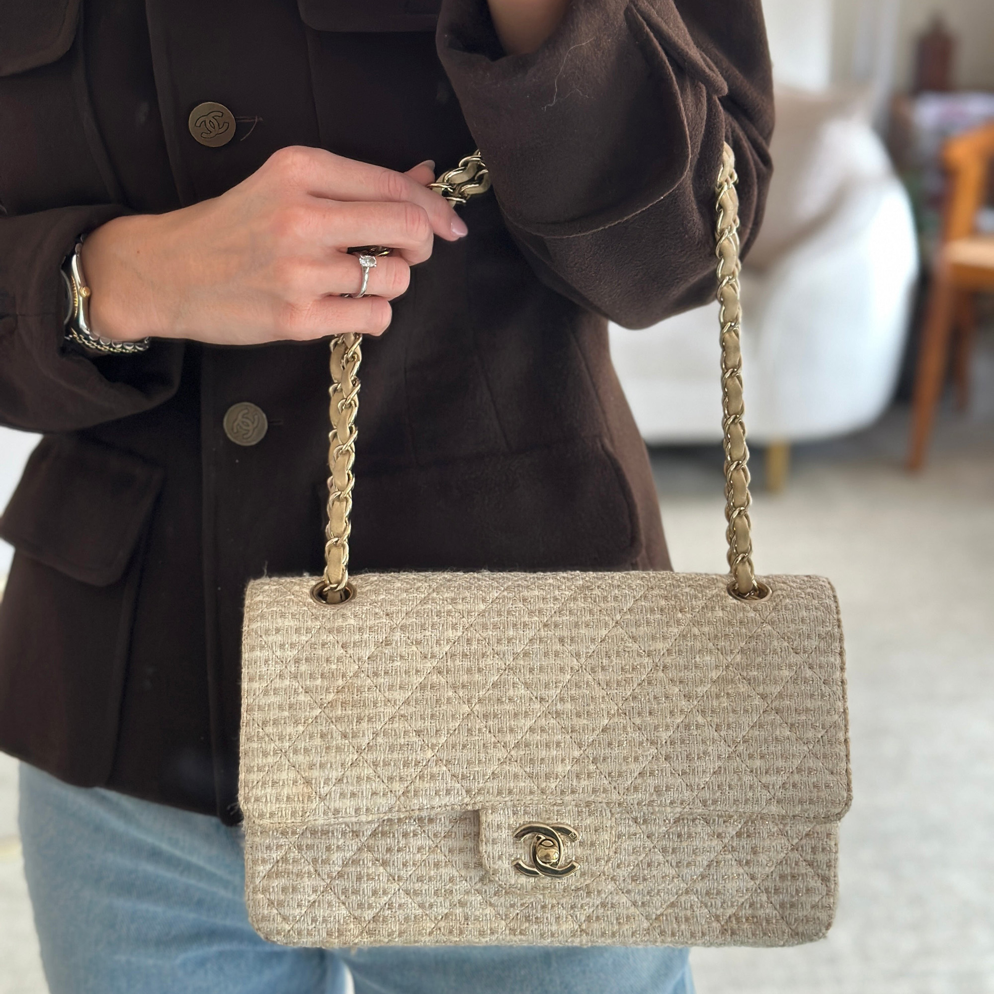 Chanel Medium Classic Double Flap Bag In Beige And Gold Tweed With Champagne Gold Hardware