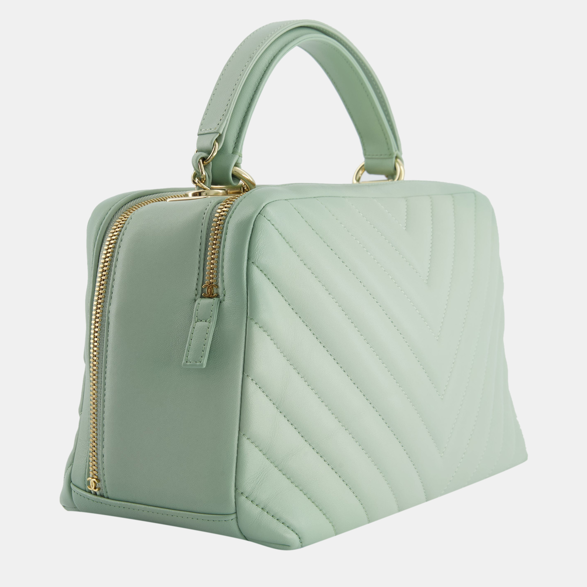Chanel Mint Green Trendy Bowling Bag In Lambskin Leather And Champagne Gold Hardware