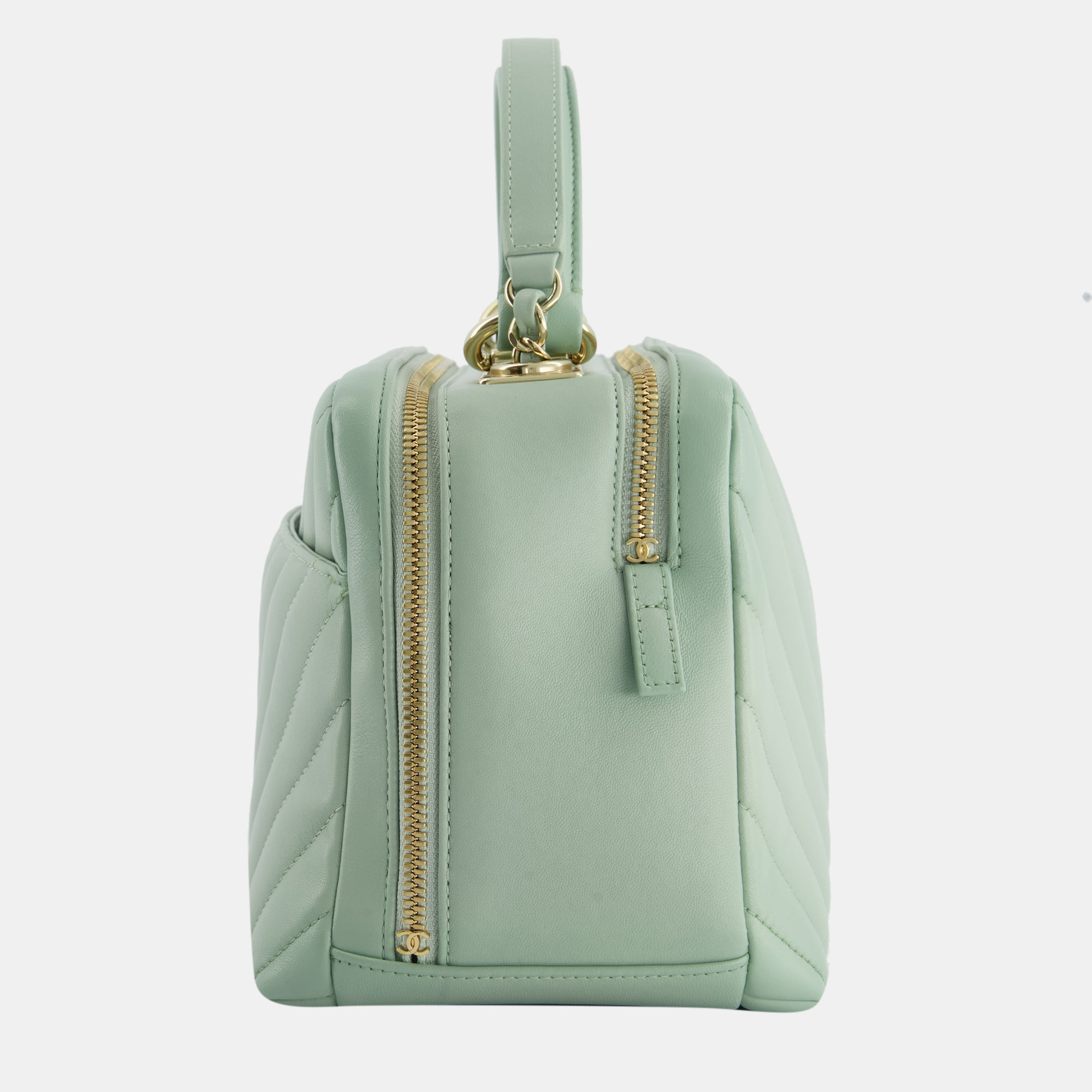 Chanel Mint Green Trendy Bowling Bag In Lambskin Leather And Champagne Gold Hardware