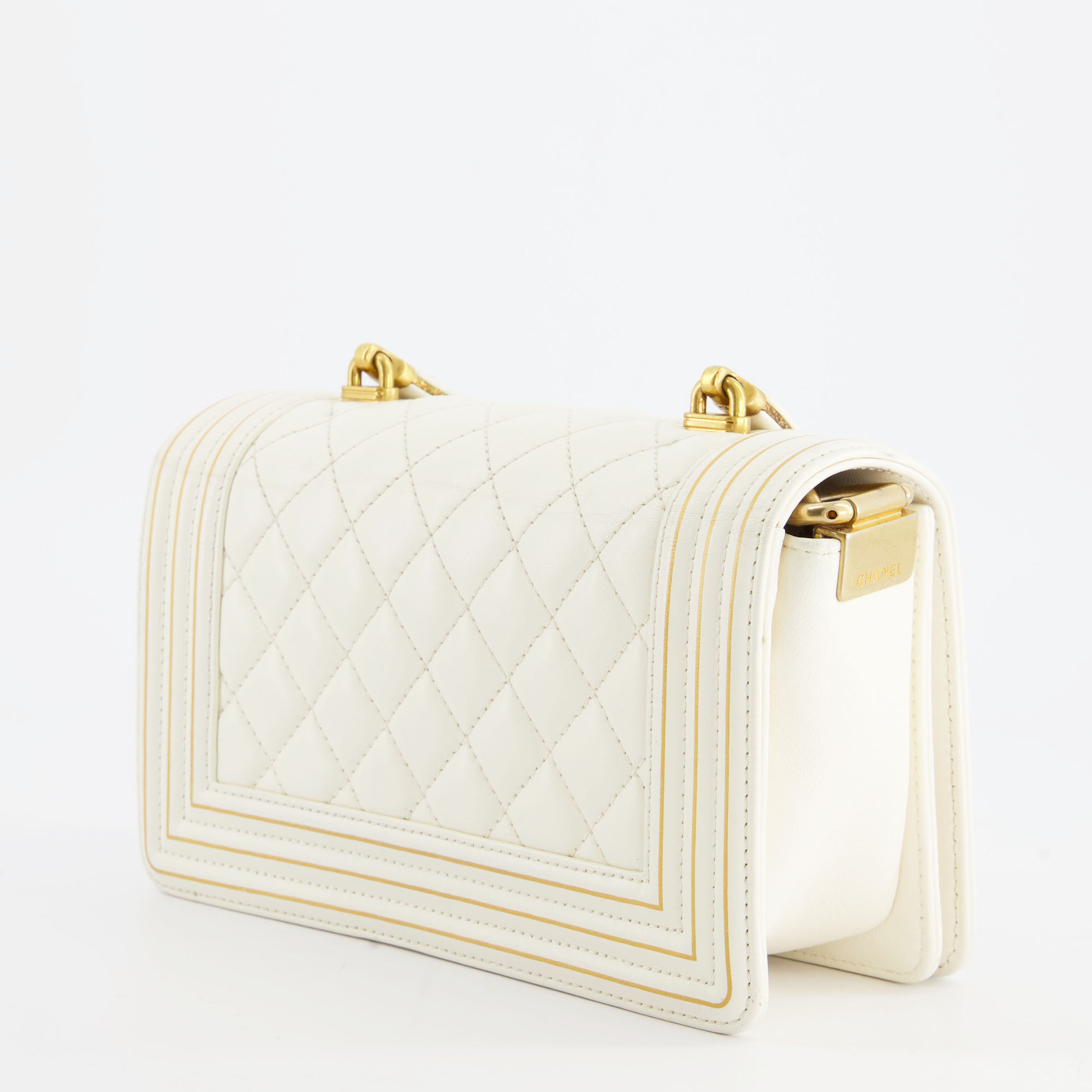 Chanel White And Gold Small Top Handle Boy Bag In Lambskin Leather With Brushed Gold Hardware