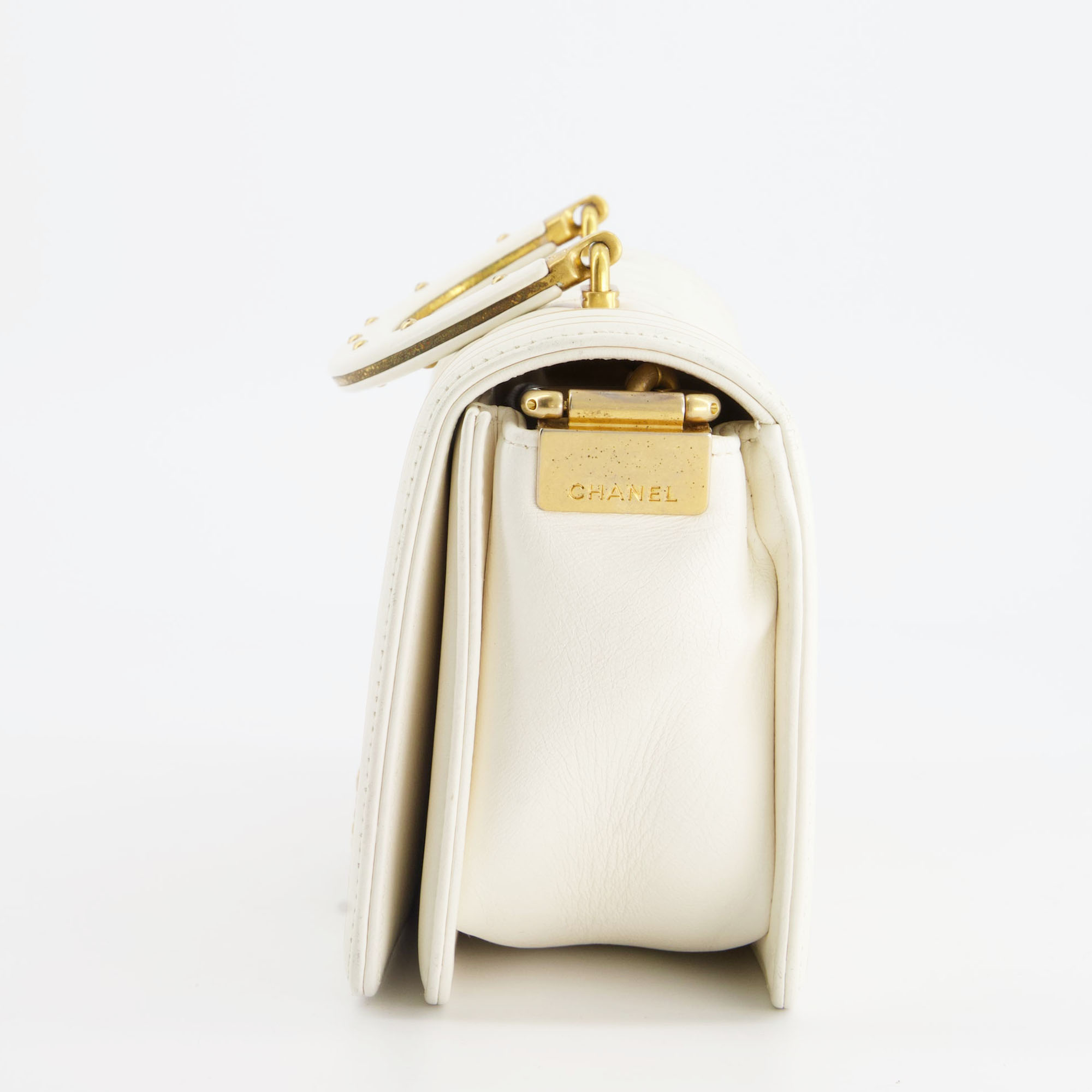 Chanel White And Gold Small Top Handle Boy Bag In Lambskin Leather With Brushed Gold Hardware