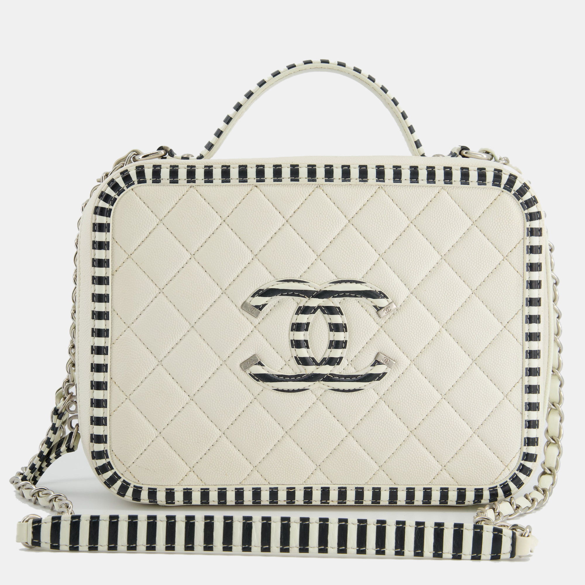 Chanel White Caviar Vanity Case With Zebra Motif CC Logo And Silver Hardware