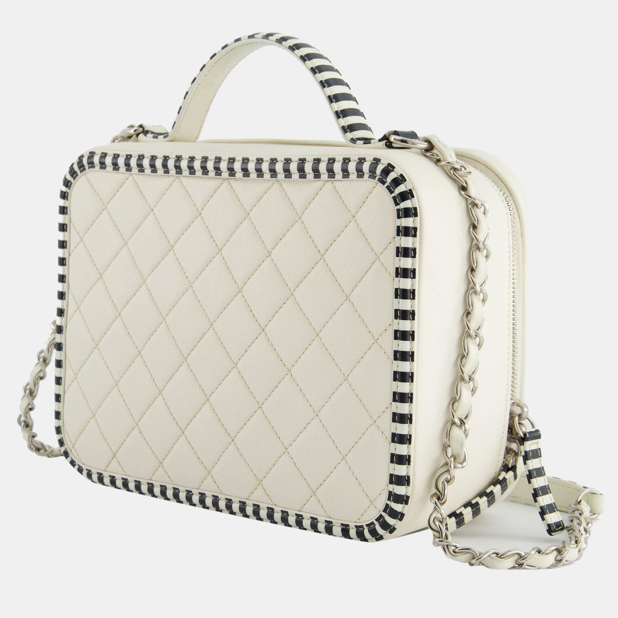 Chanel White Caviar Vanity Case With Zebra Motif CC Logo And Silver Hardware
