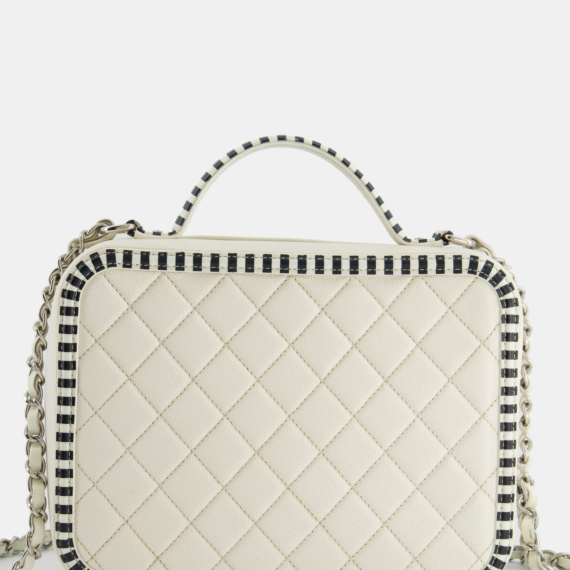Chanel White Caviar Vanity Case With Zebra Motif CC Logo And Silver Hardware