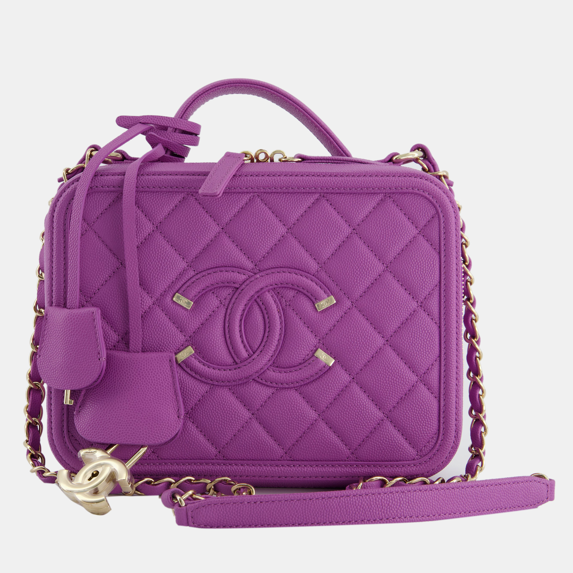 Chanel Purple CC Vanity Case Bag In Caviar Leather With Champagne Gold Hardware