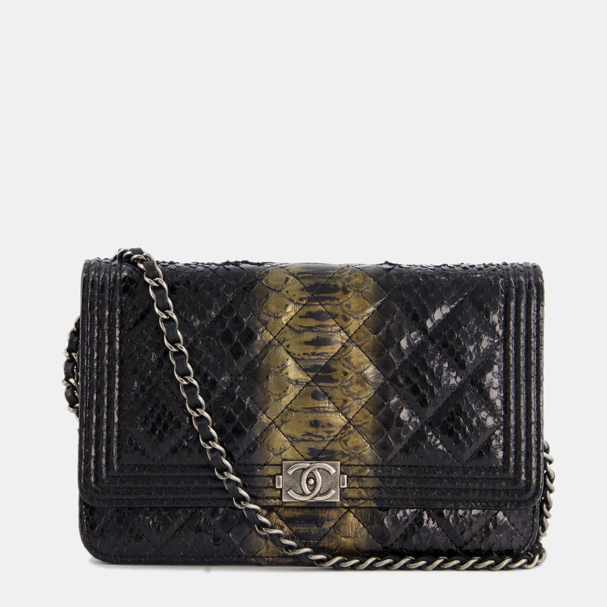 Chanel Black And Gold Wallet On Chain Bag In Python With Ruthenium Hardware