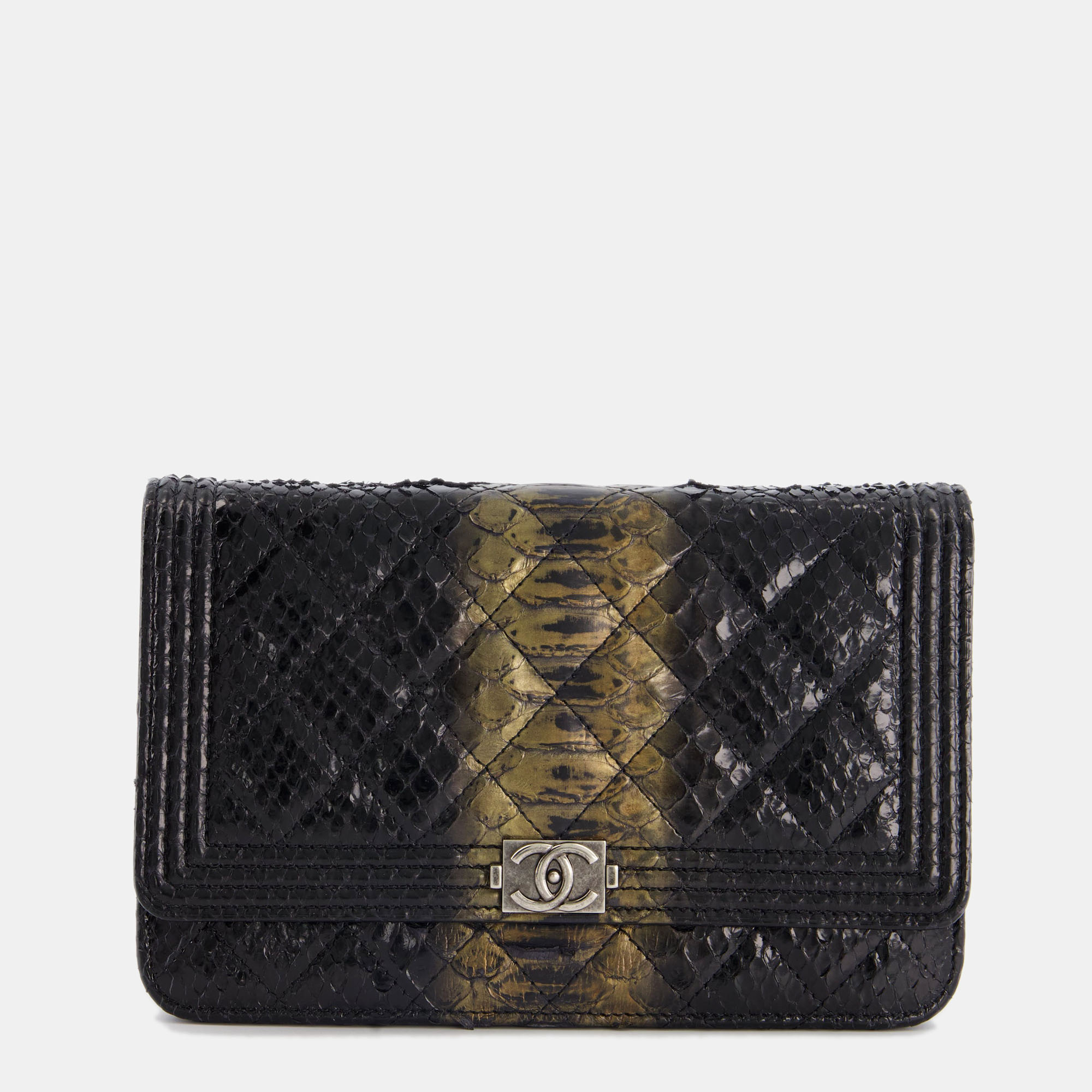 Chanel black and gold wallet on chain bag in python with ruthenium hardware