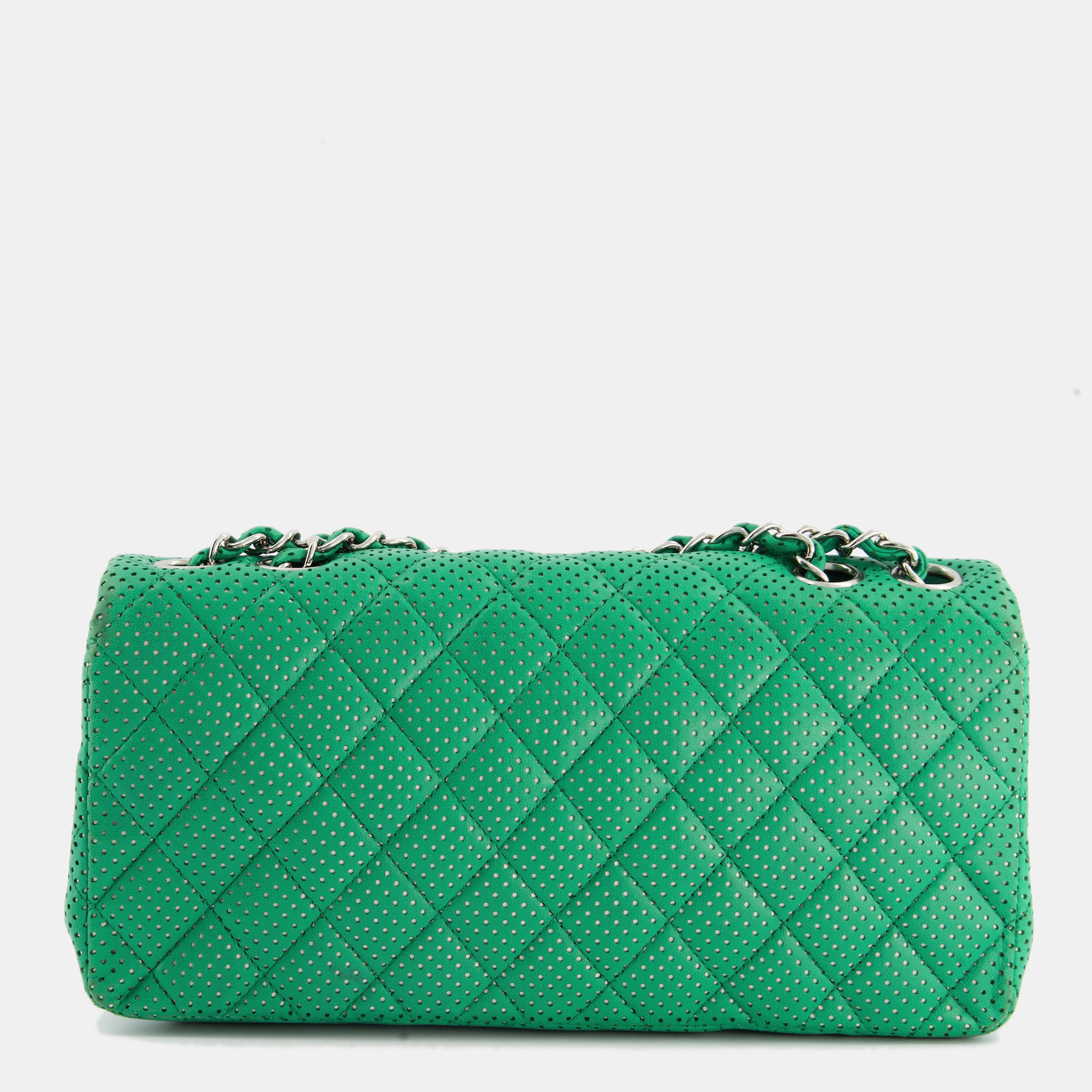 Chanel Green Perforated Lambskin Leather East West Flap Bag With Silver Hardware