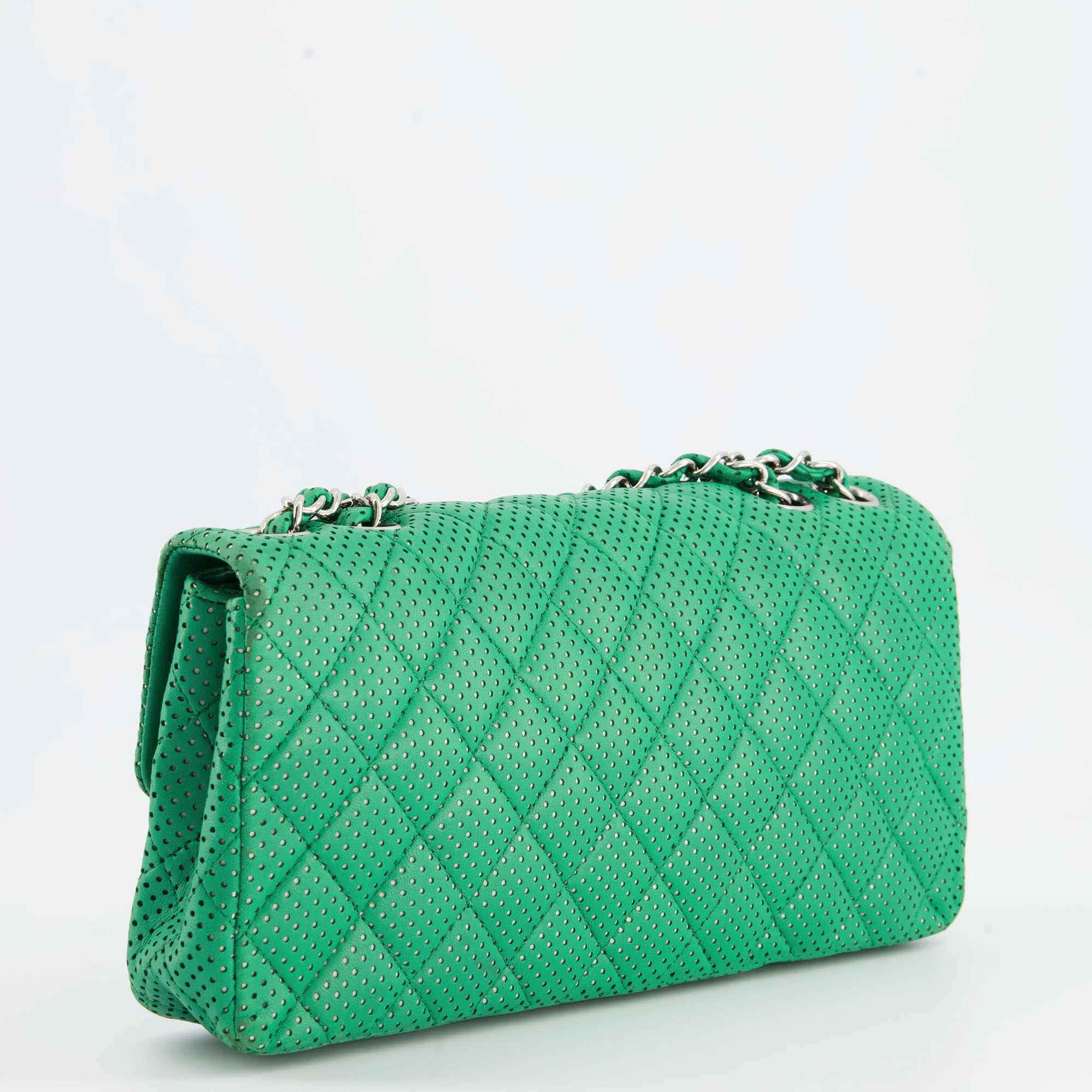 Chanel Green Perforated Lambskin Leather East West Flap Bag With Silver Hardware