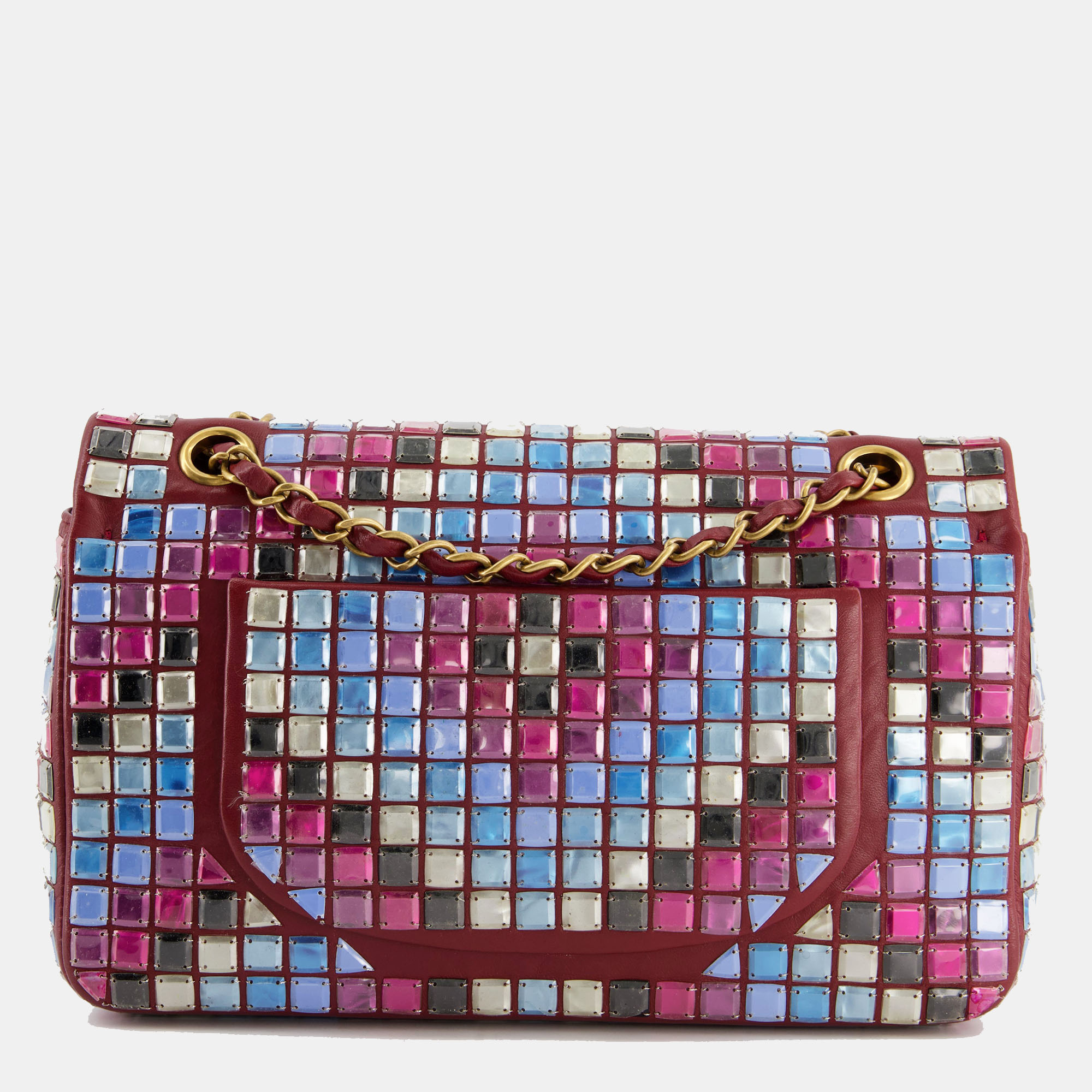 Chanel Burgundy Medium Classic Single Flap Bag Mosaic Embellished With Gold Hardware