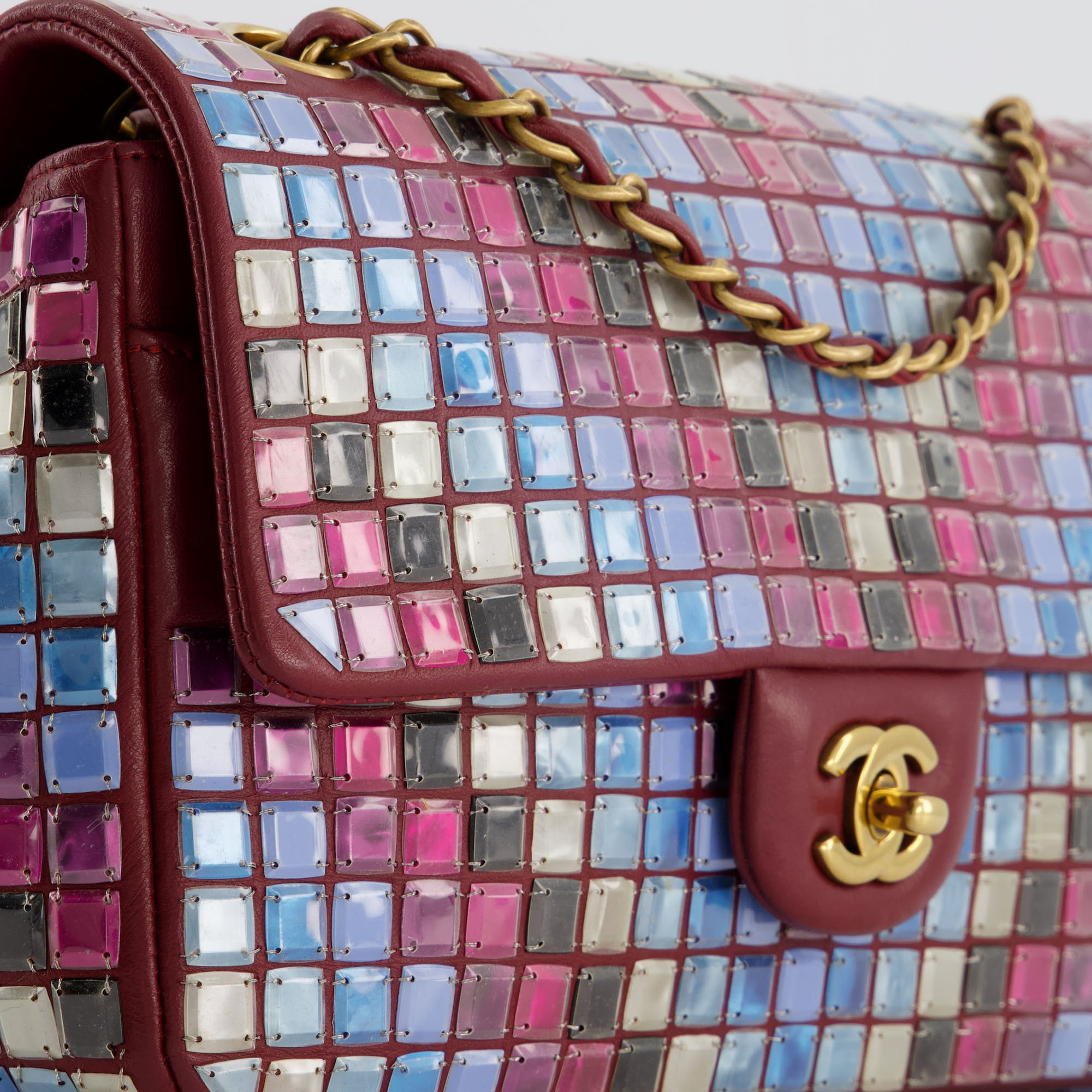 Chanel Burgundy Medium Classic Single Flap Bag Mosaic Embellished With Gold Hardware