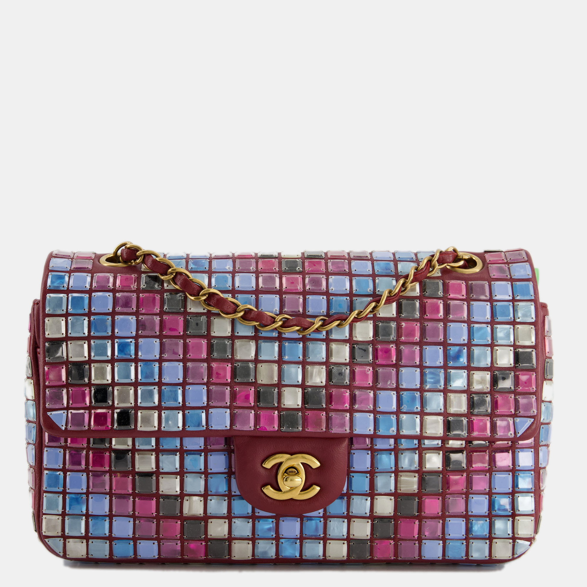 Chanel burgundy medium classic single flap bag mosaic embellished with gold hardware