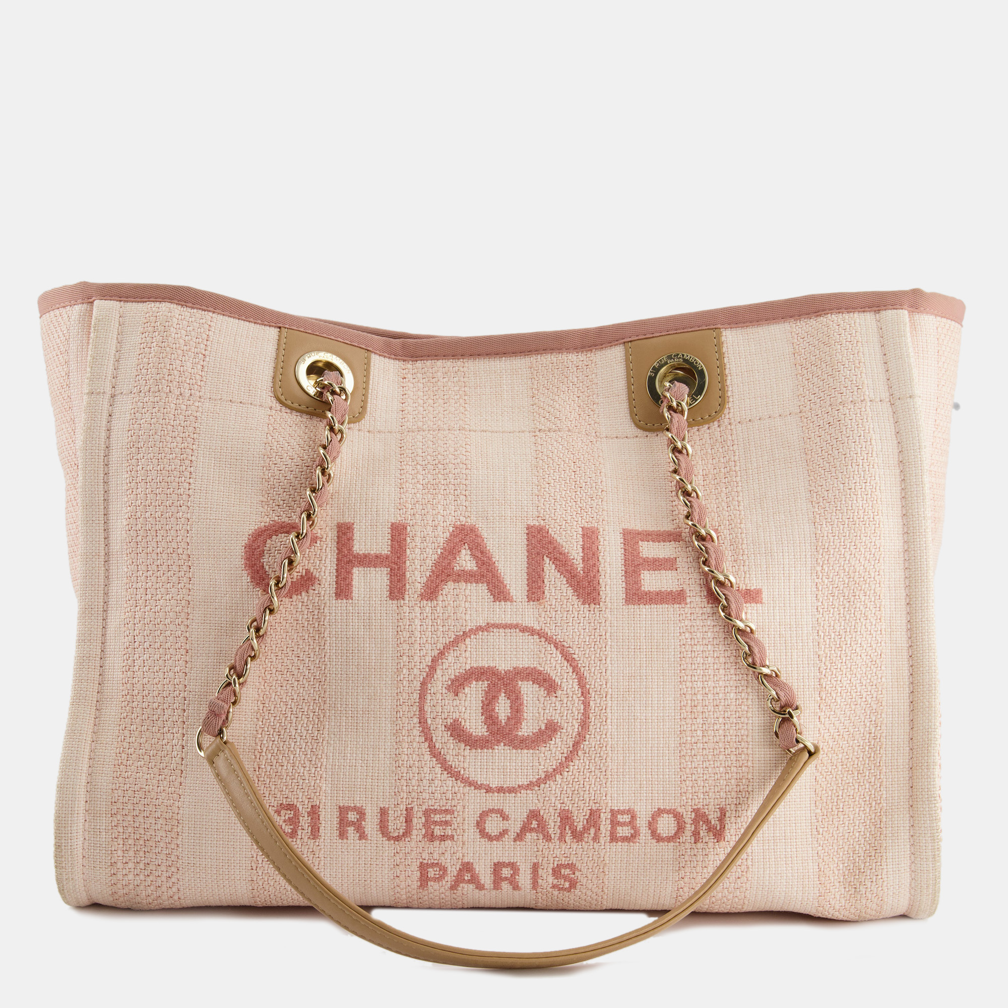 Chanel small pink stripe canvas deauville tote bag with logo print and champagne gold hardware
