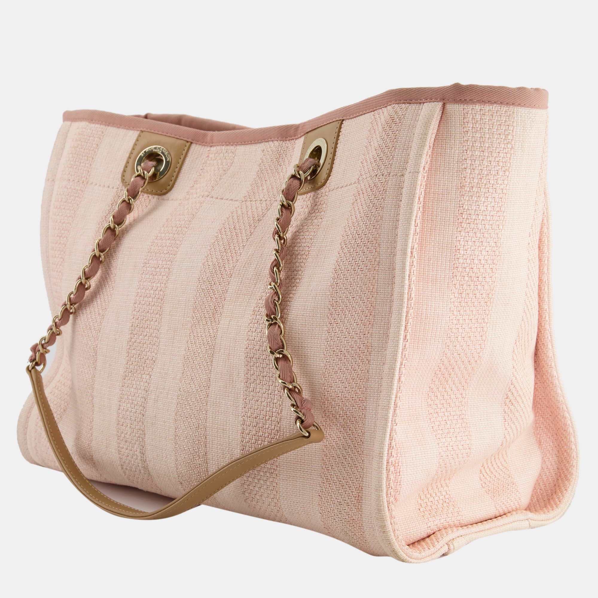 Chanel Small Pink Stripe Canvas Deauville Tote Bag With Logo Print And Champagne Gold Hardware