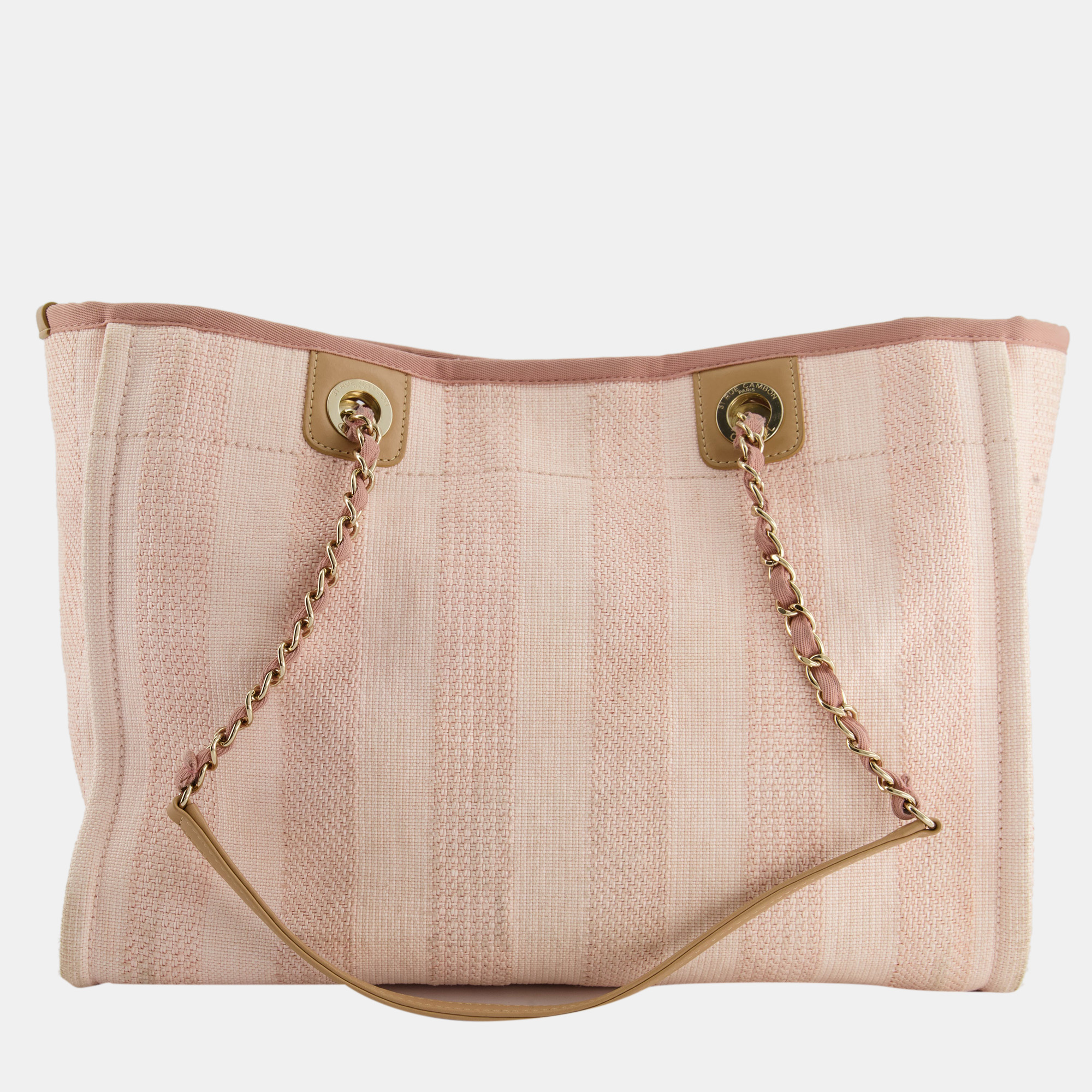 Chanel Small Pink Stripe Canvas Deauville Tote Bag With Logo Print And Champagne Gold Hardware