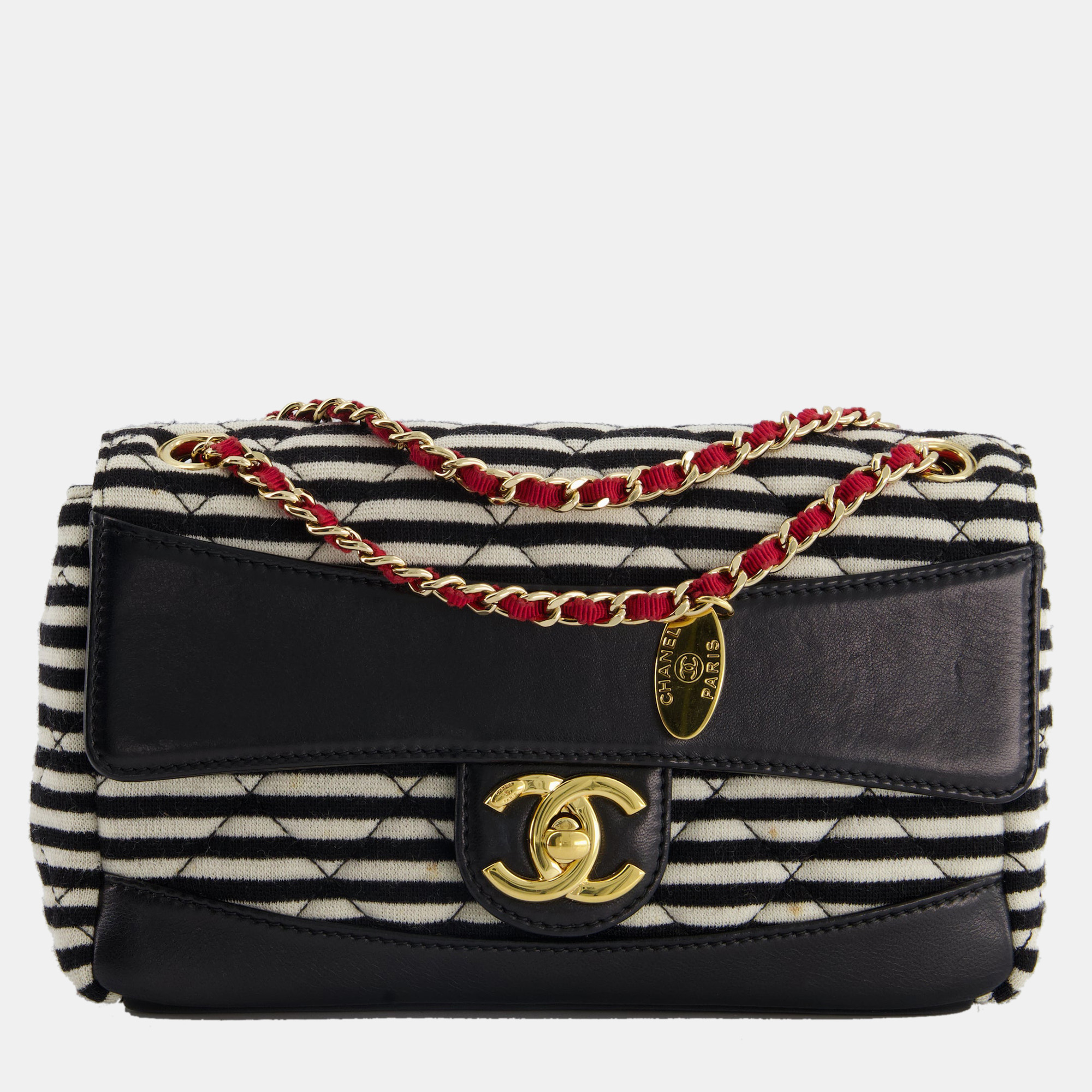 Chanel black and white mini rectangular jersey single flap bag with red chain detail and gold hardware
