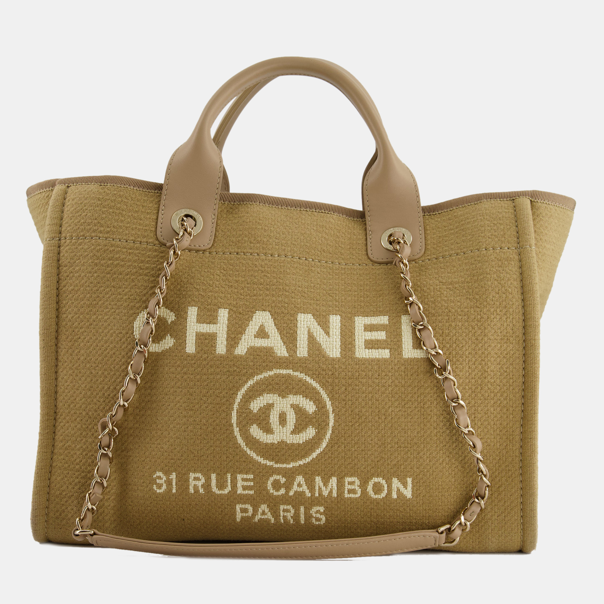 Chanel Dark Beige Canvas Small Deauville Tote Bag With CC Logo Print And Champagne Gold Hardware