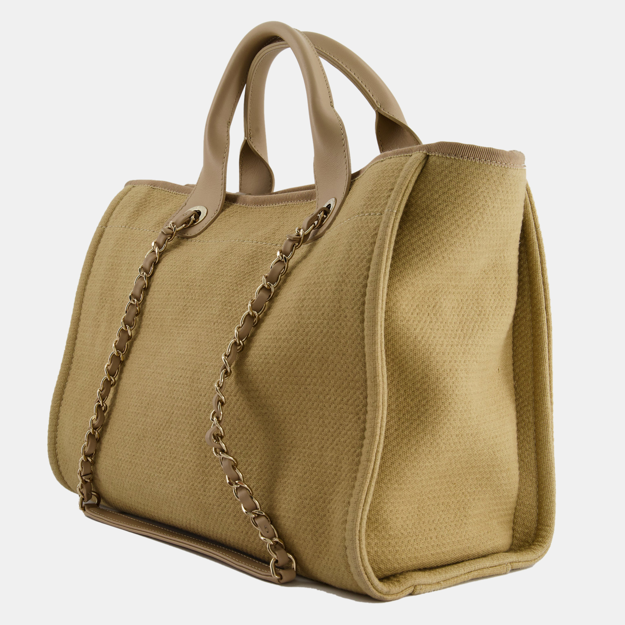 Chanel Dark Beige Canvas Small Deauville Tote Bag With CC Logo Print And Champagne Gold Hardware