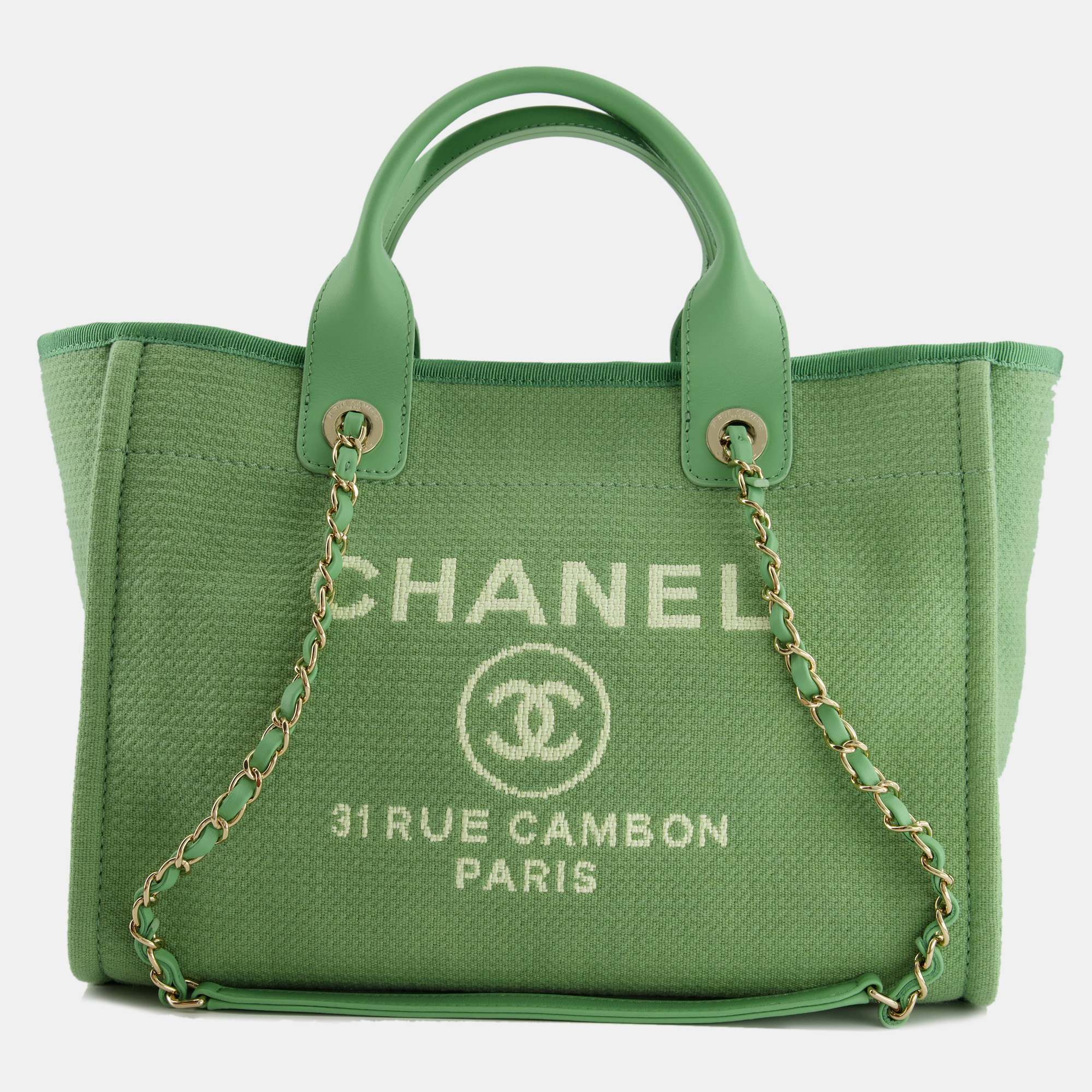 Chanel pistachio green canvas small deauville tote bag with champagne gold hardware