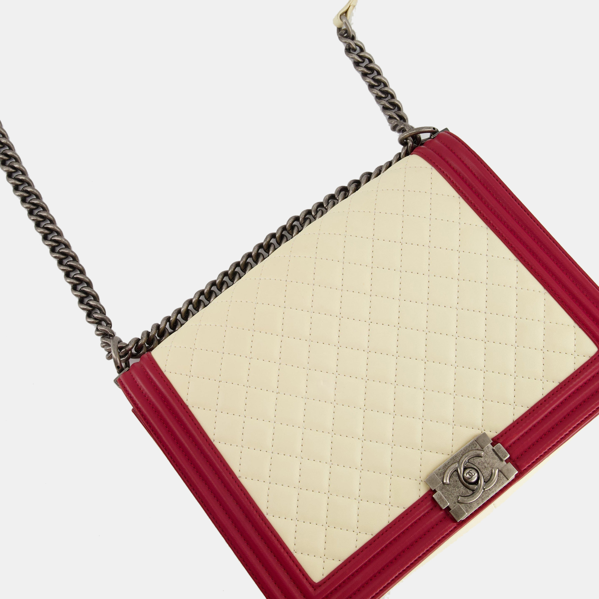 Chanel Cream And Red Large Boy Bag In Lambskin Leather With Ruthenium Hardware